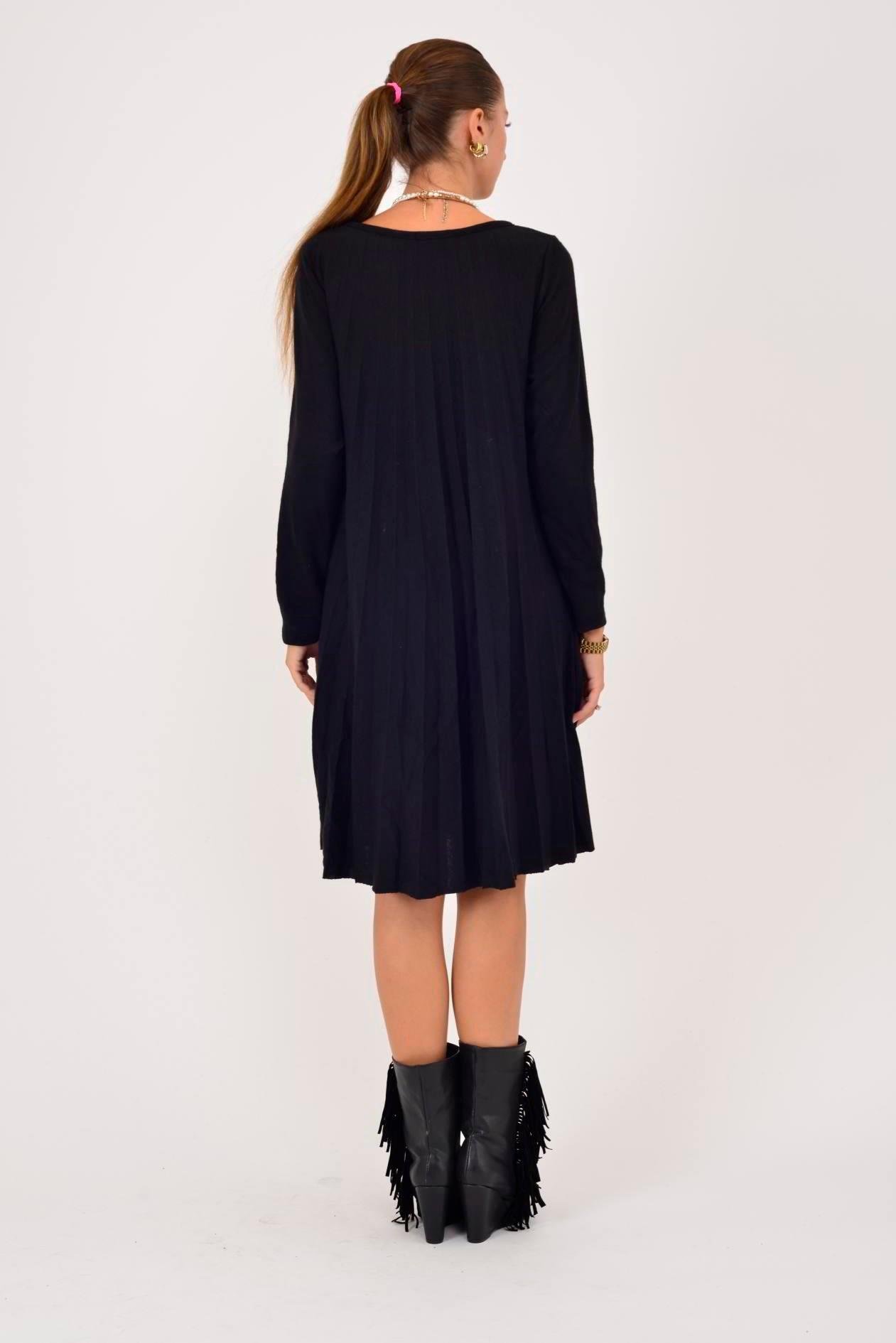 71653 Düz Desen Kolyeli Akordion Uzun Kol Triko Kısa Elbise