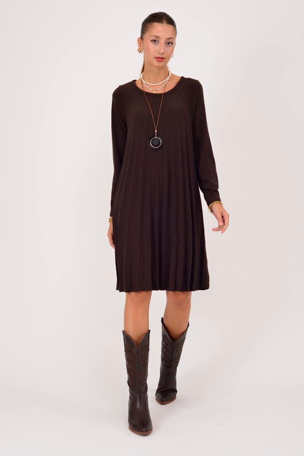 71653 Düz Desen Kolyeli Akordion Uzun Kol Triko Kısa Elbise