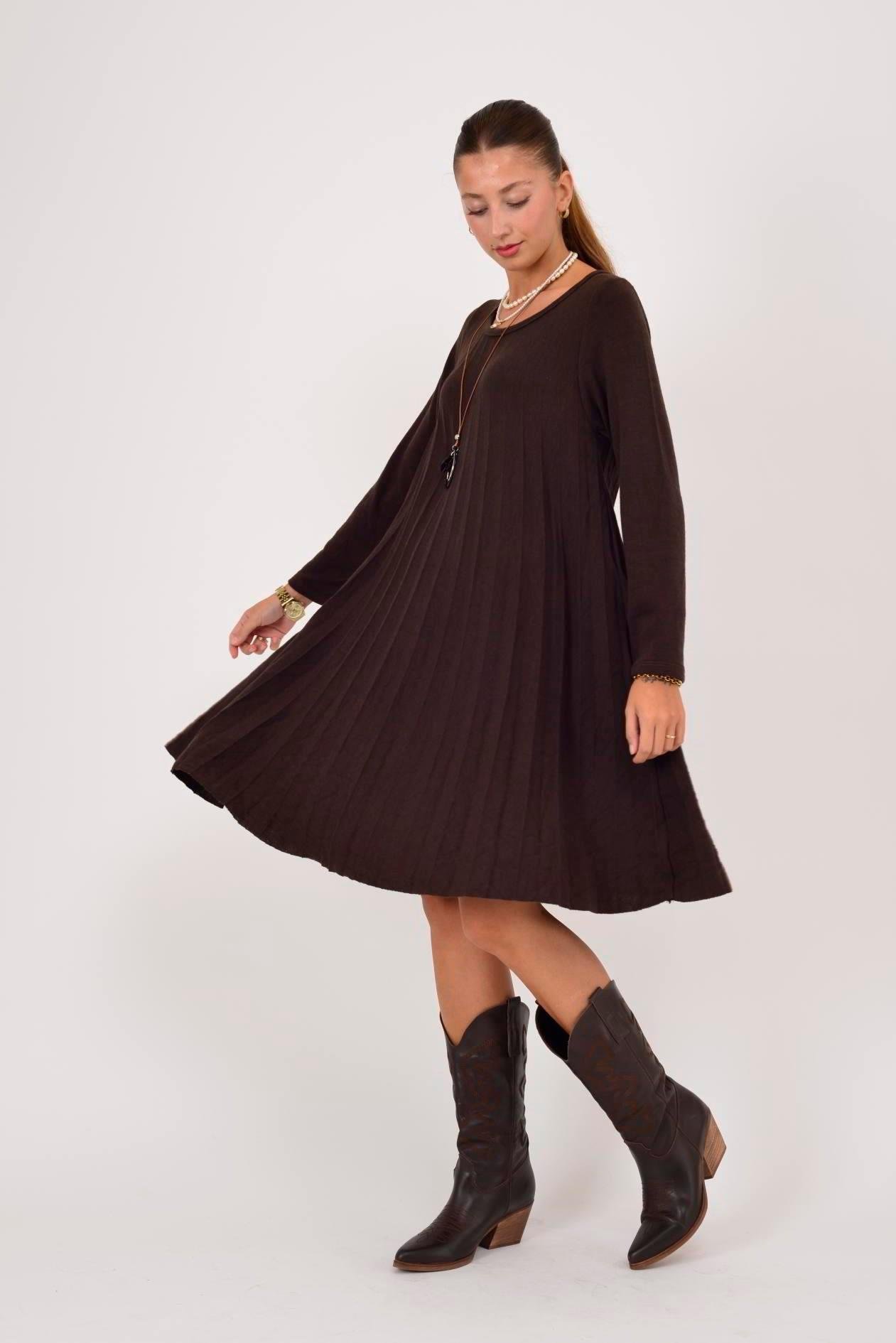 71653 Düz Desen Kolyeli Akordion Uzun Kol Triko Kısa Elbise