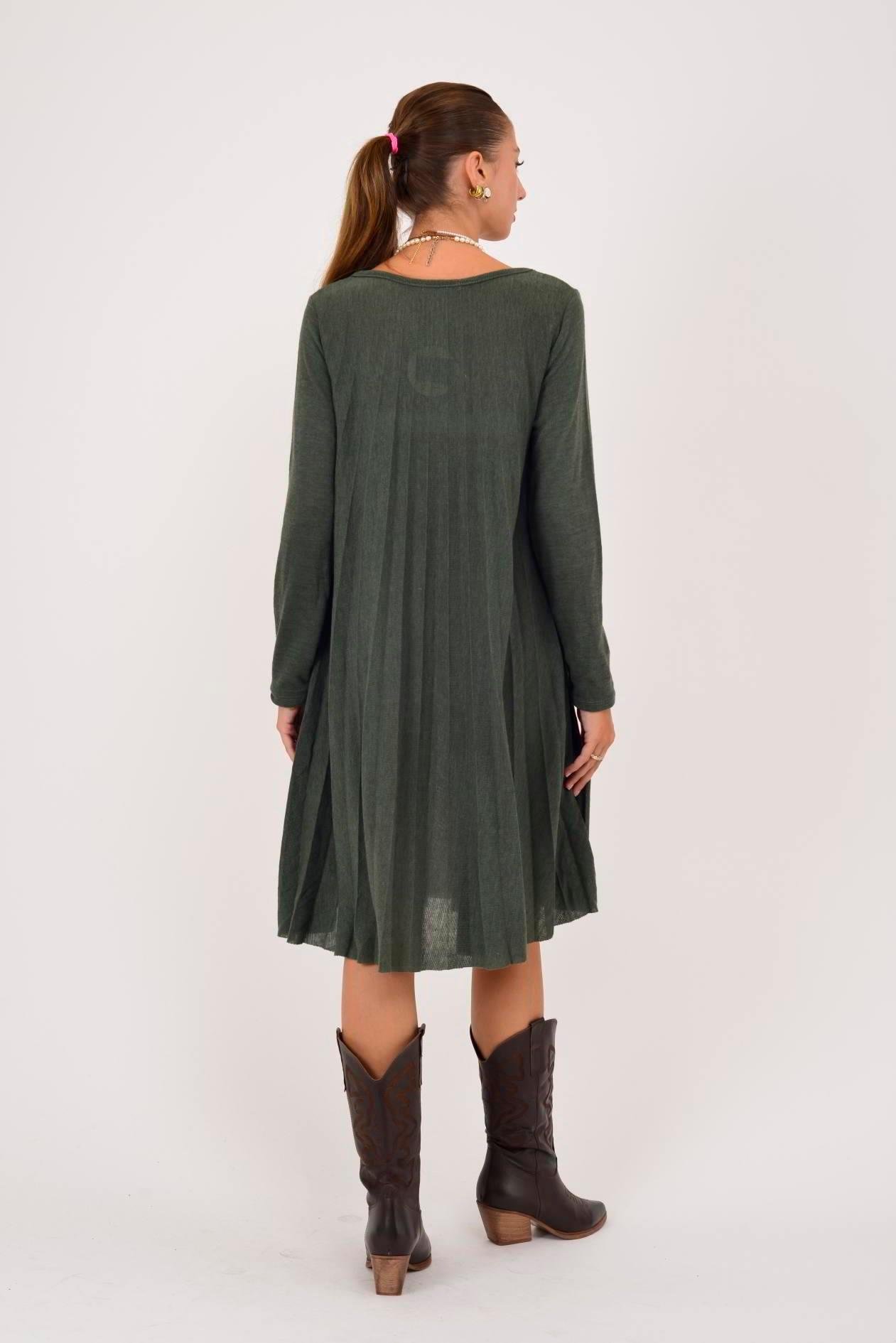 71653 Düz Desen Kolyeli Akordion Uzun Kol Triko Kısa Elbise