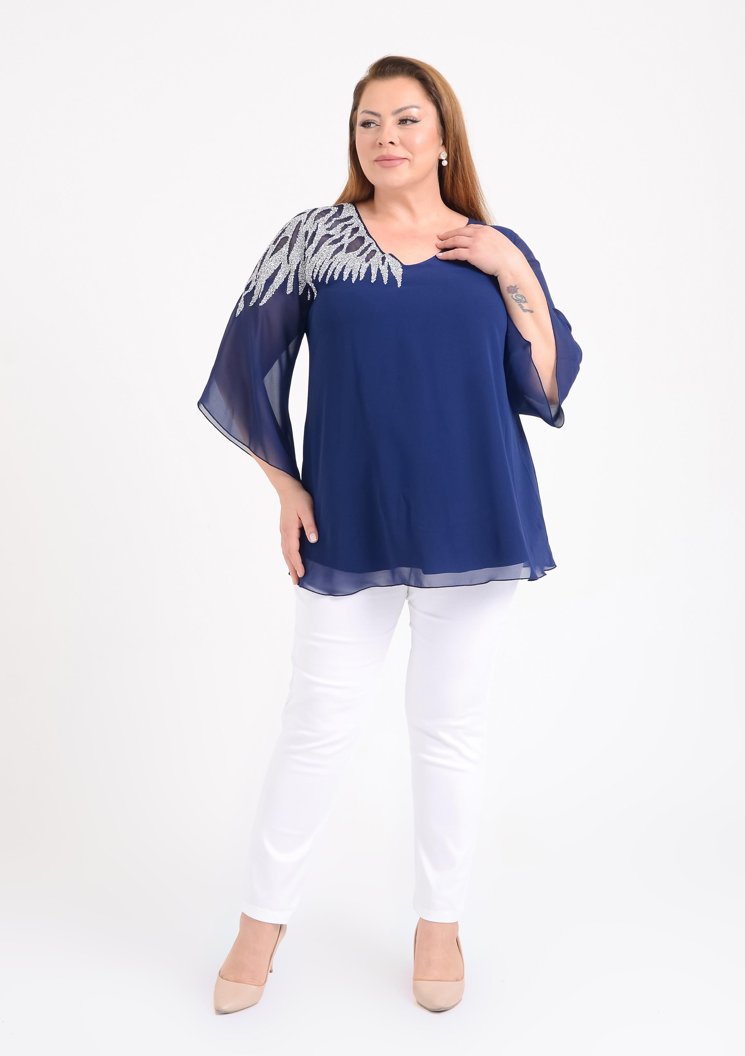 719 Büyük Beden Vyaka Omuz Taş İşleme Şifon Astarlı Bluz