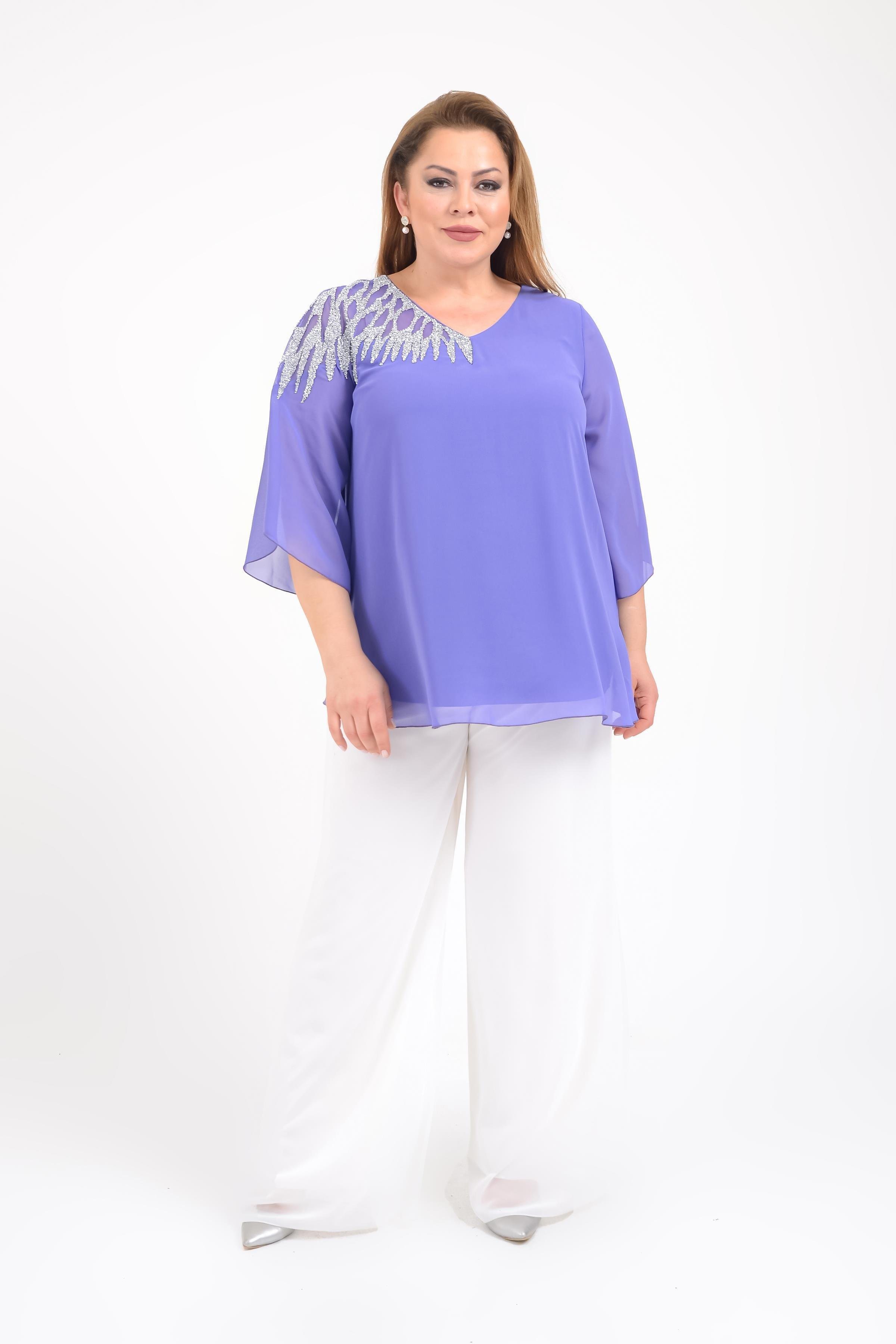 719 Büyük Beden Vyaka Omuz Taş İşleme Şifon Astarlı Bluz