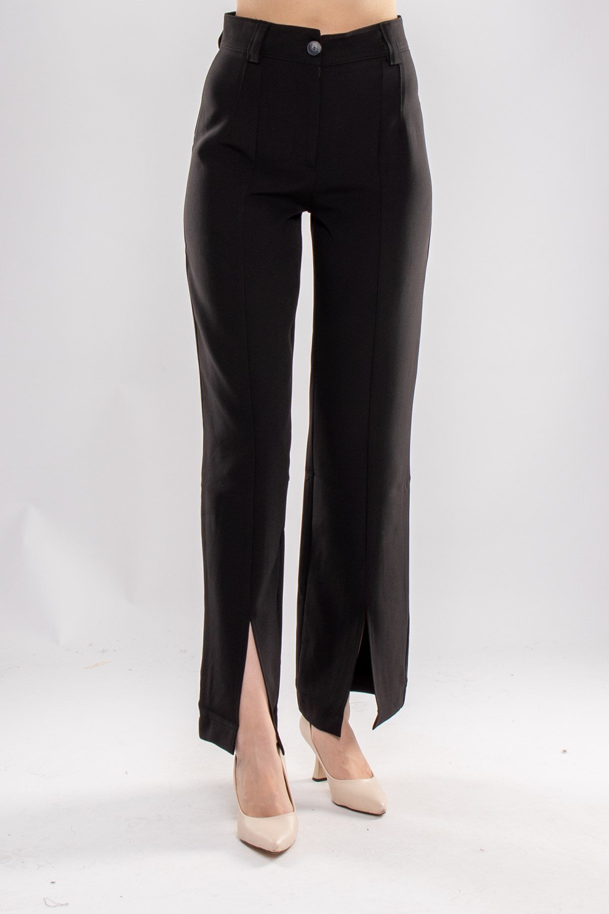 7258 Çımalı Yüksek Bel Paça Yırtmaçlı Atlas Kumaş Kadın Pantolon