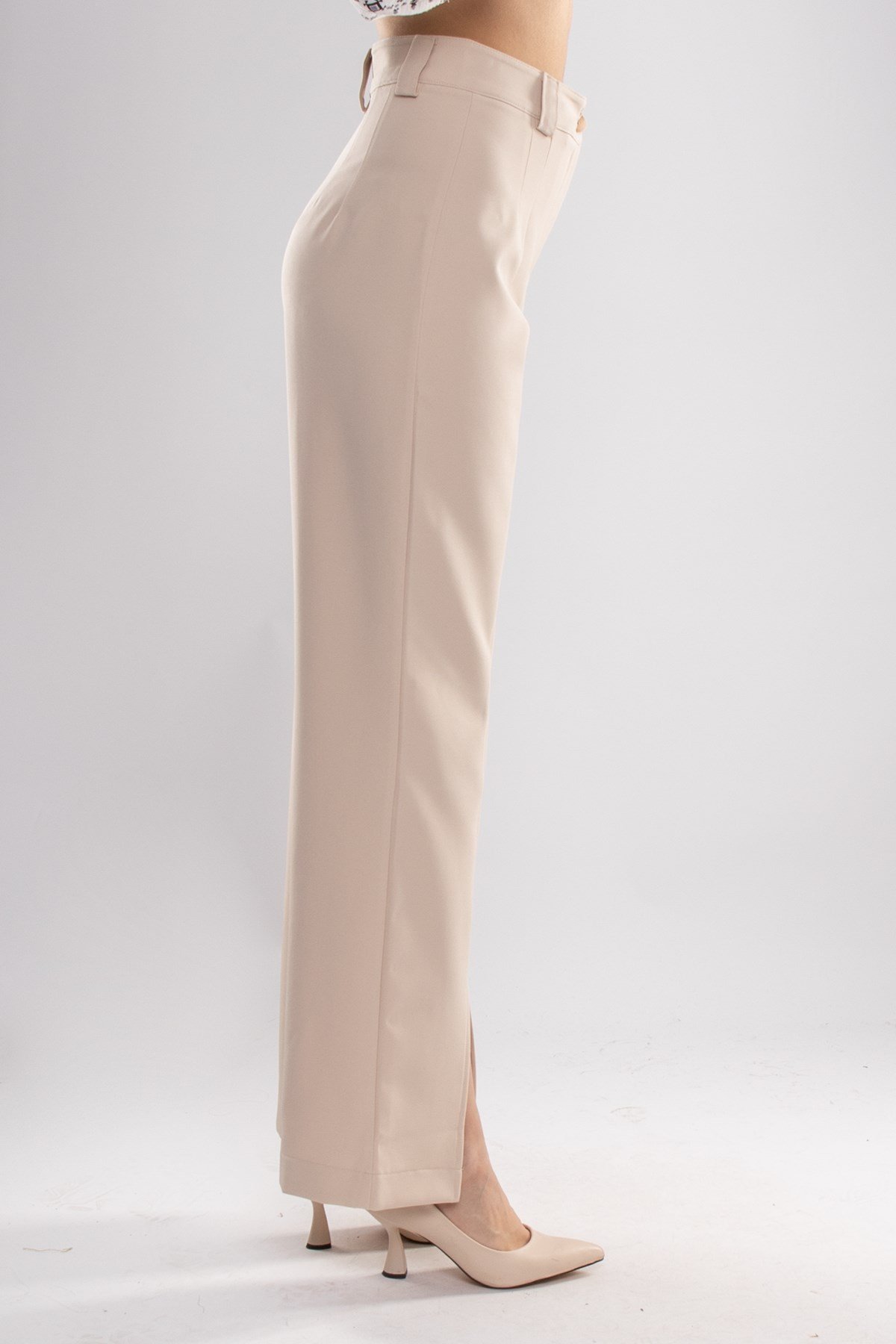 7258 Çımalı Yüksek Bel Paça Yırtmaçlı Atlas Kumaş Kadın Pantolon