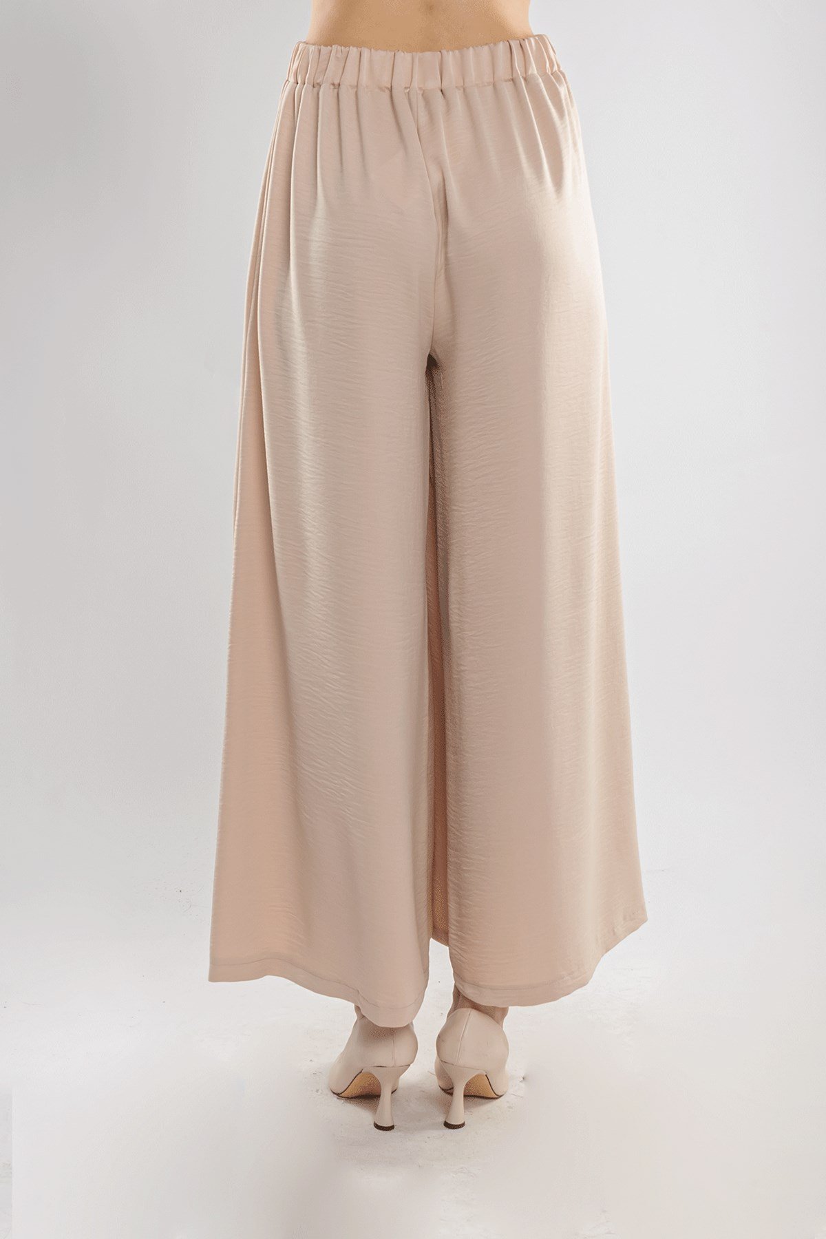 7265 Beli Lastikli Bol Paça Kristal Kumaş Kadın Pantolon