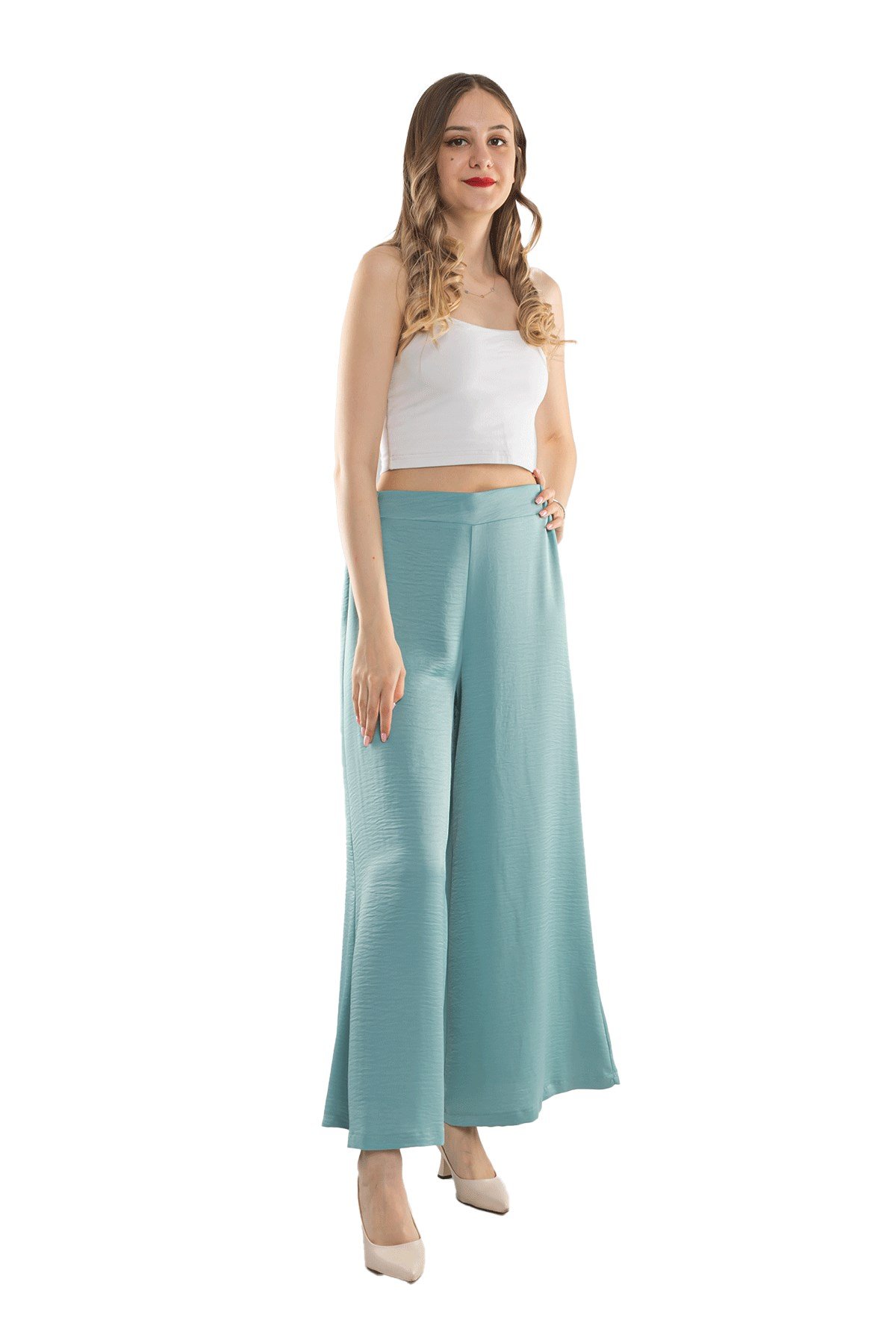 7265 Beli Lastikli Bol Paça Kristal Kumaş Kadın Pantolon