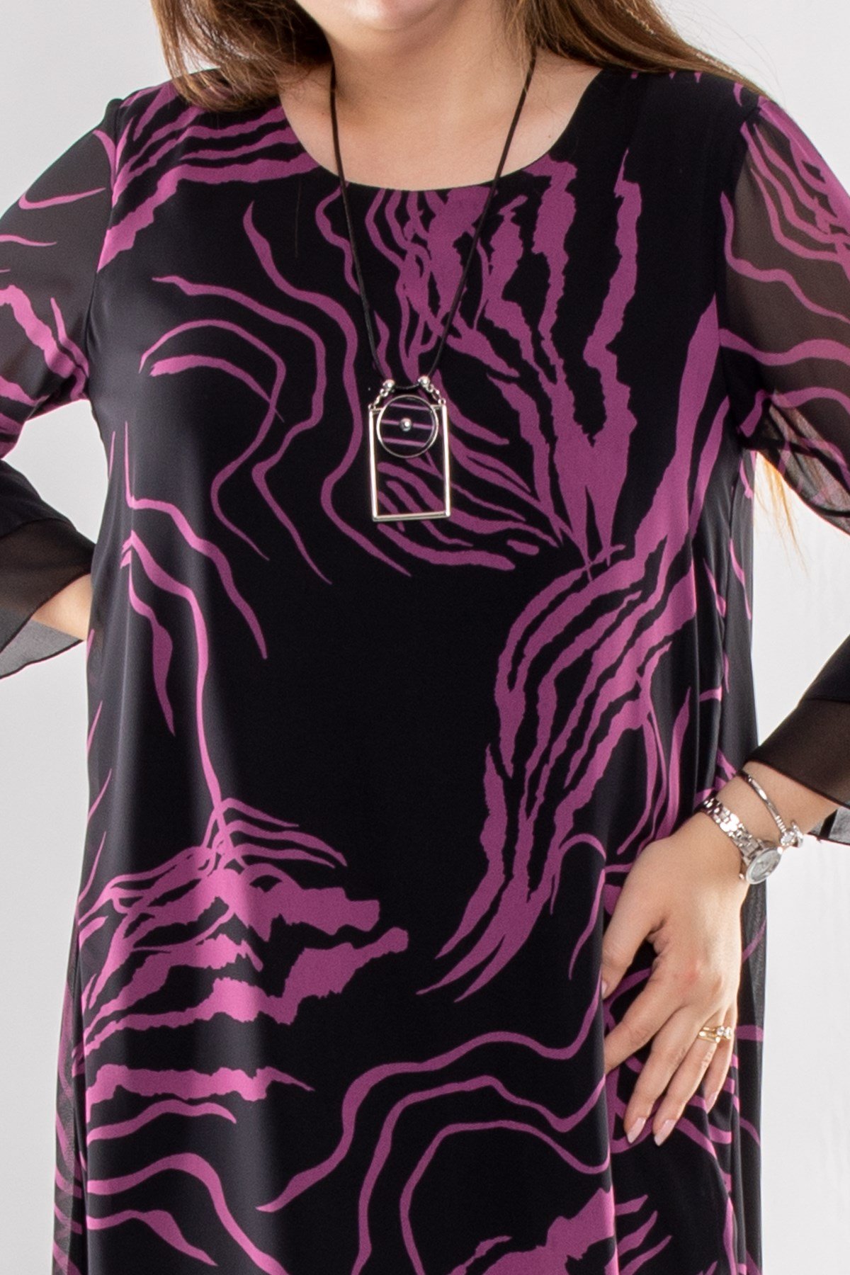 7270 Büyük Beden Valon Kol Astarlı Şifon Kısa Elbise