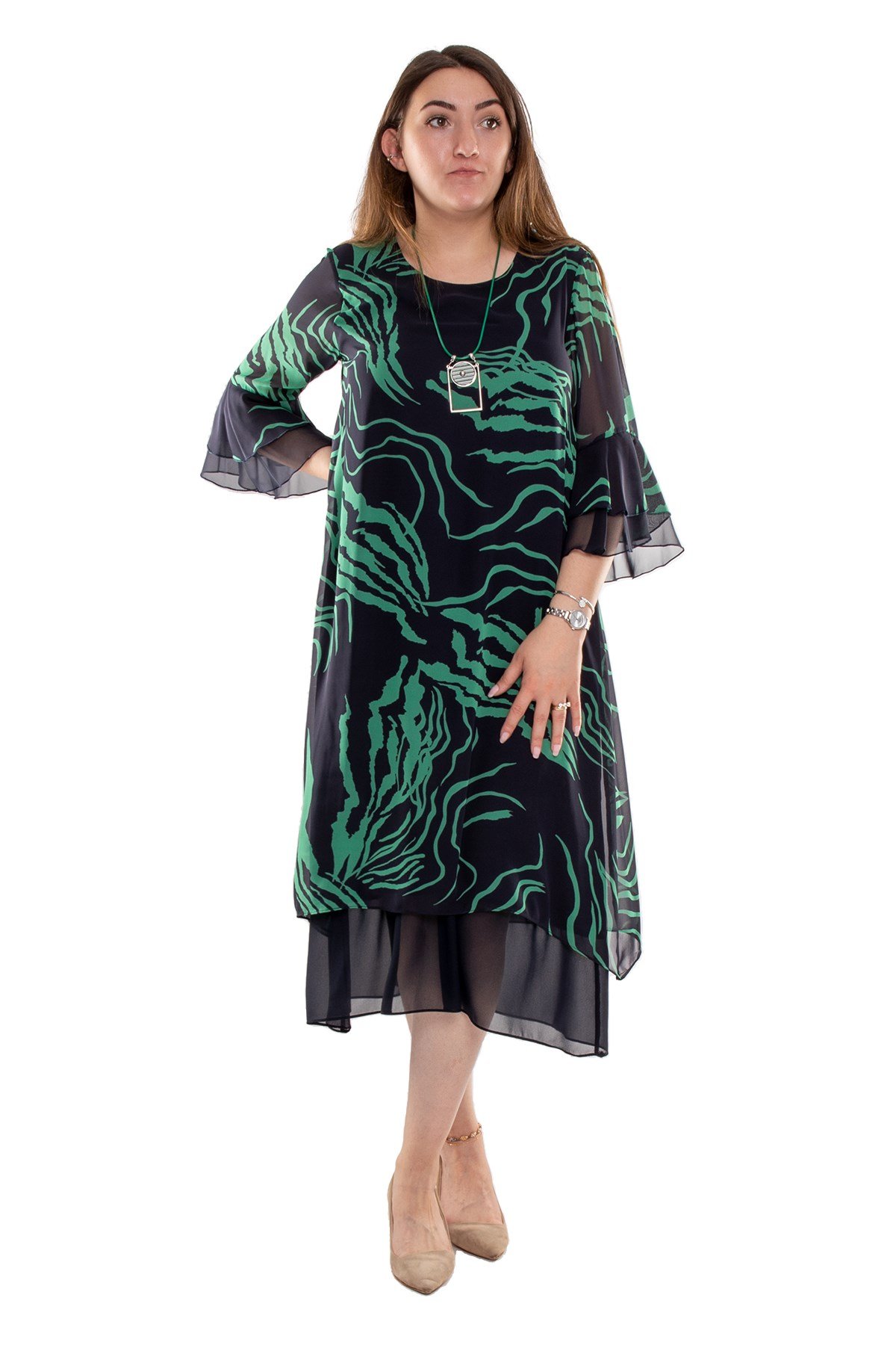 7270 Büyük Beden Valon Kol Astarlı Şifon Kısa Elbise