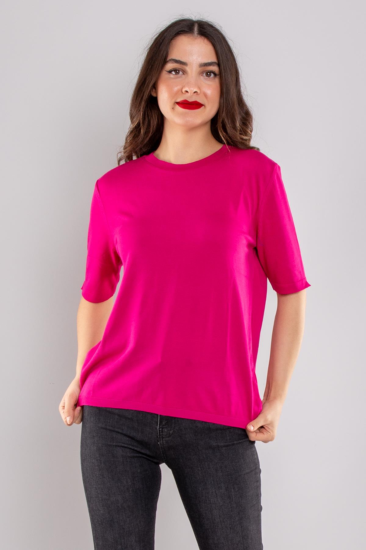 731 Bisiklet Yaka Arka Damlı Kısa Kol Merserize Triko