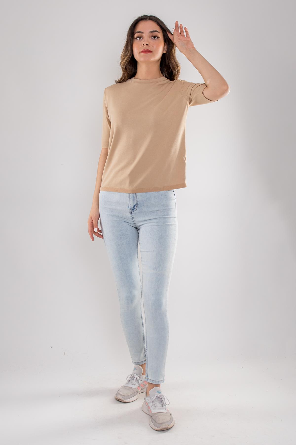 731 Bisiklet Yaka Arka Damlı Kısa Kol Merserize Triko