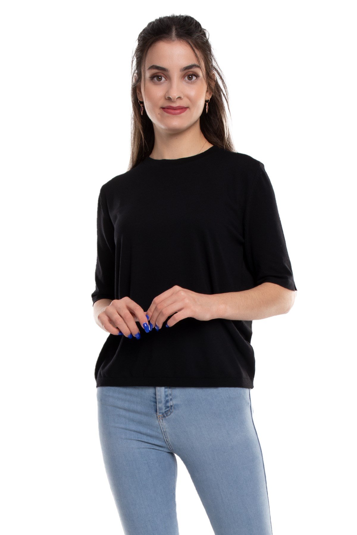 731 Bisiklet Yaka Arka Damlı Kısa Kol Merserize Triko