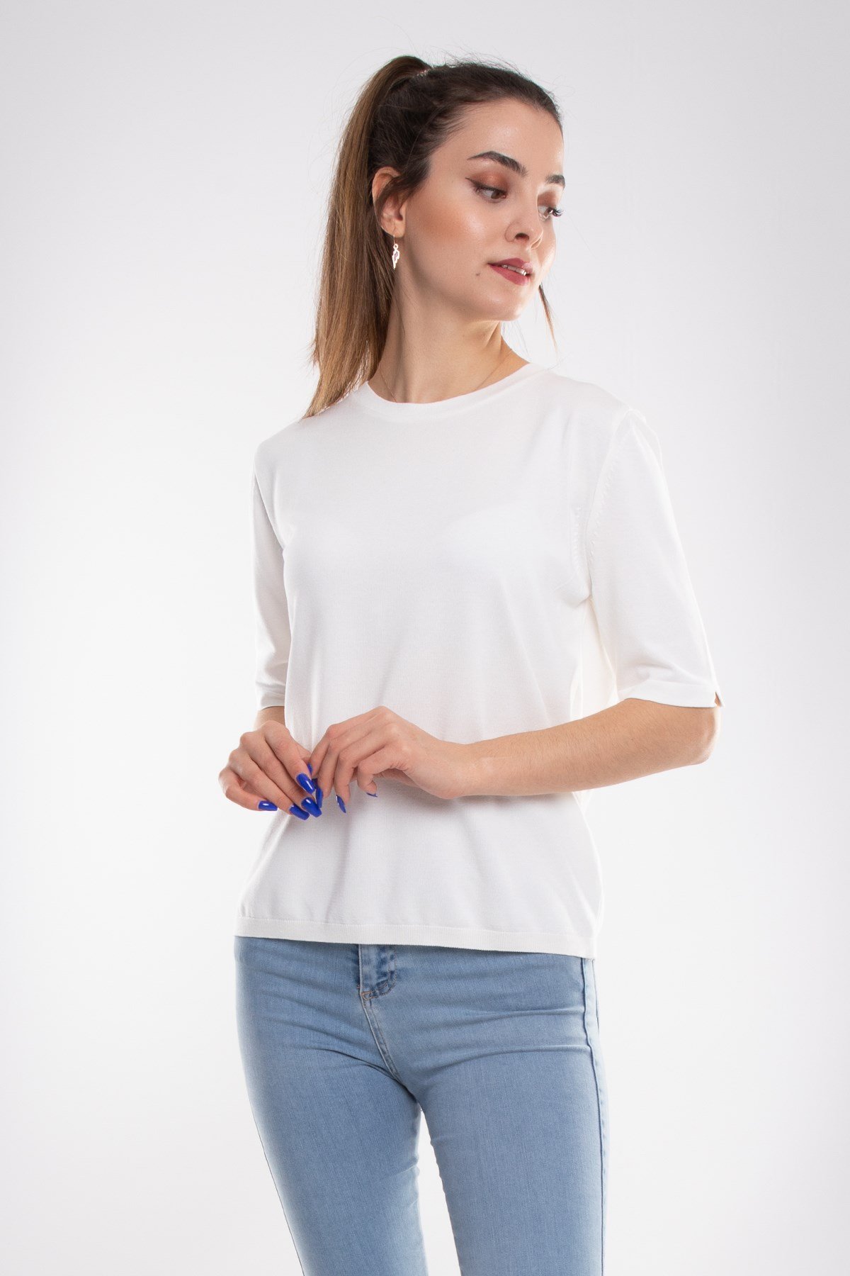 731 Bisiklet Yaka Arka Damlı Kısa Kol Merserize Triko