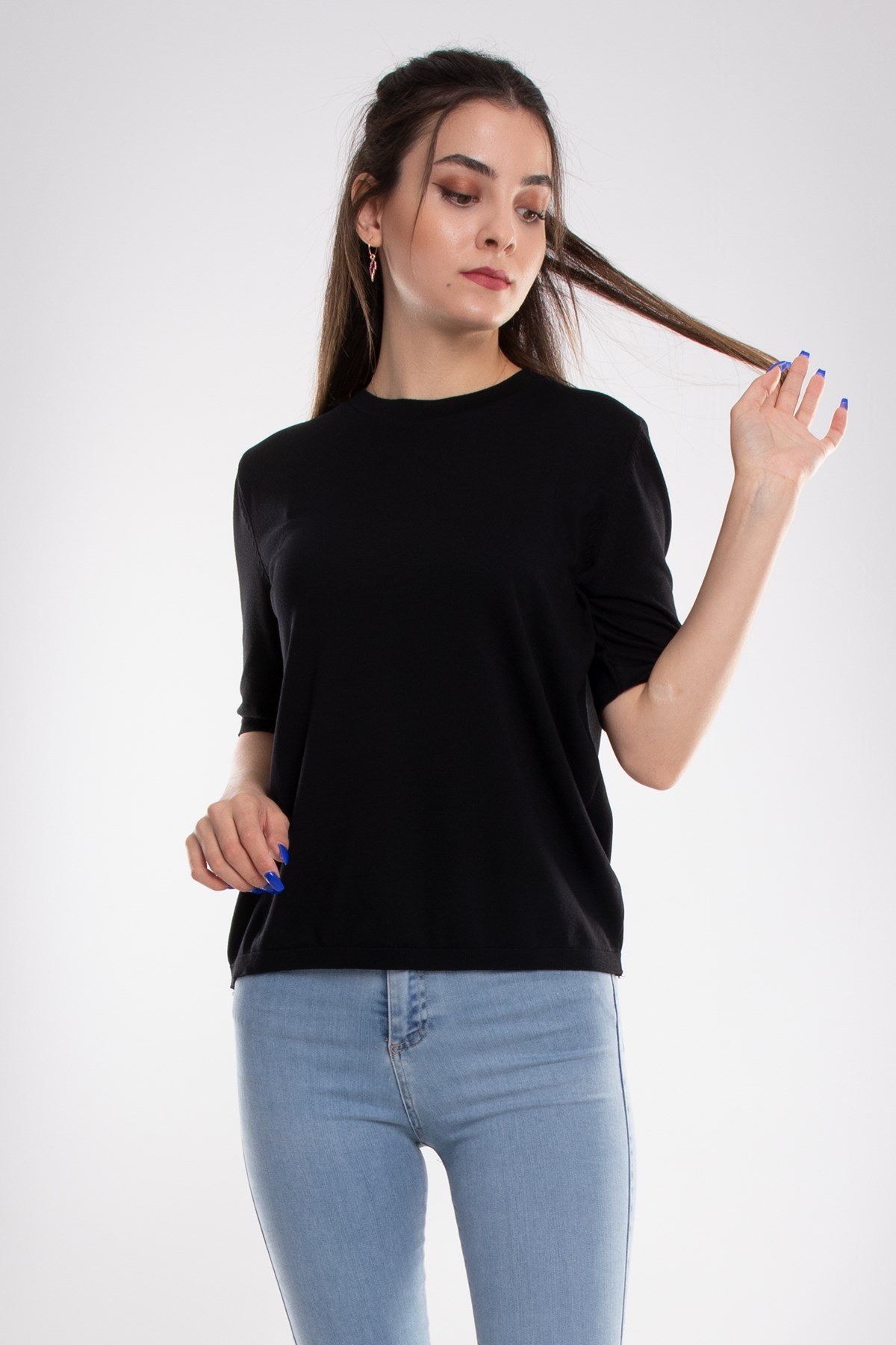 731 Bisiklet Yaka Arka Damlı Kısa Kol Merserize Triko