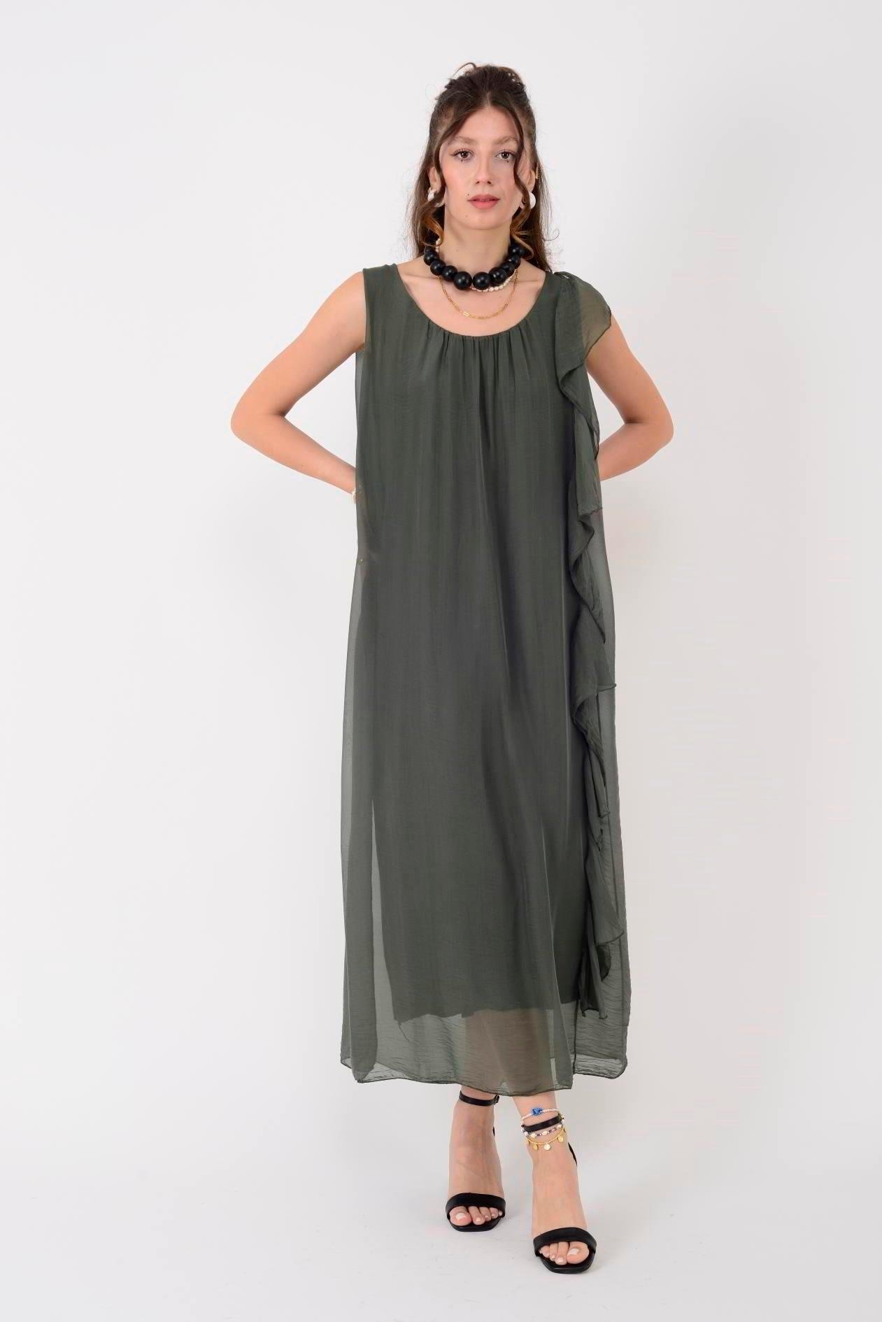 7338 Fırfır Detaylı Sufur Kol Uzun İpek Elbise