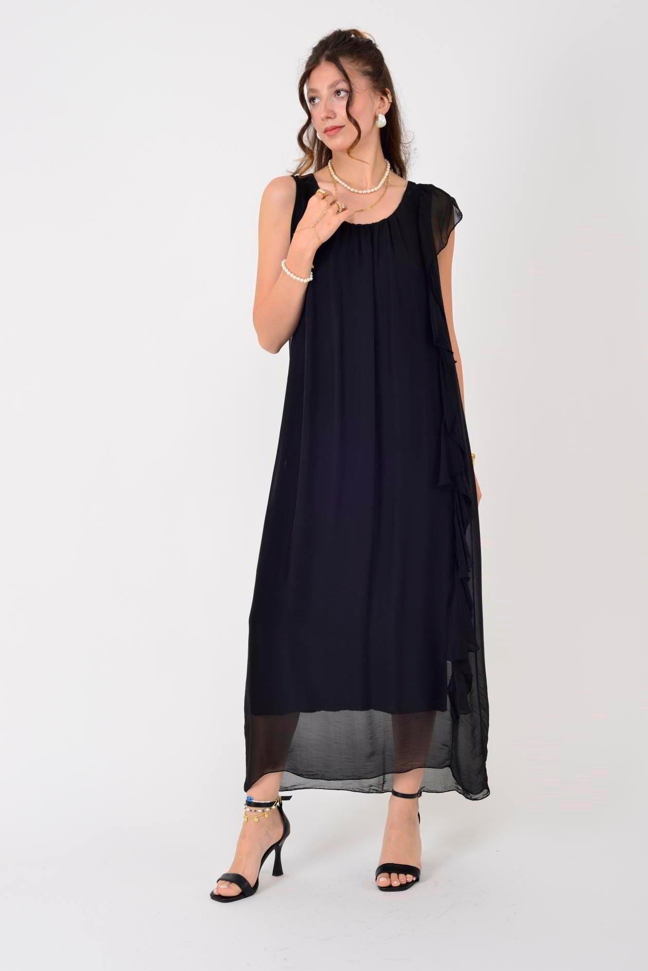 7338 Fırfır Detaylı Sufur Kol Uzun İpek Elbise