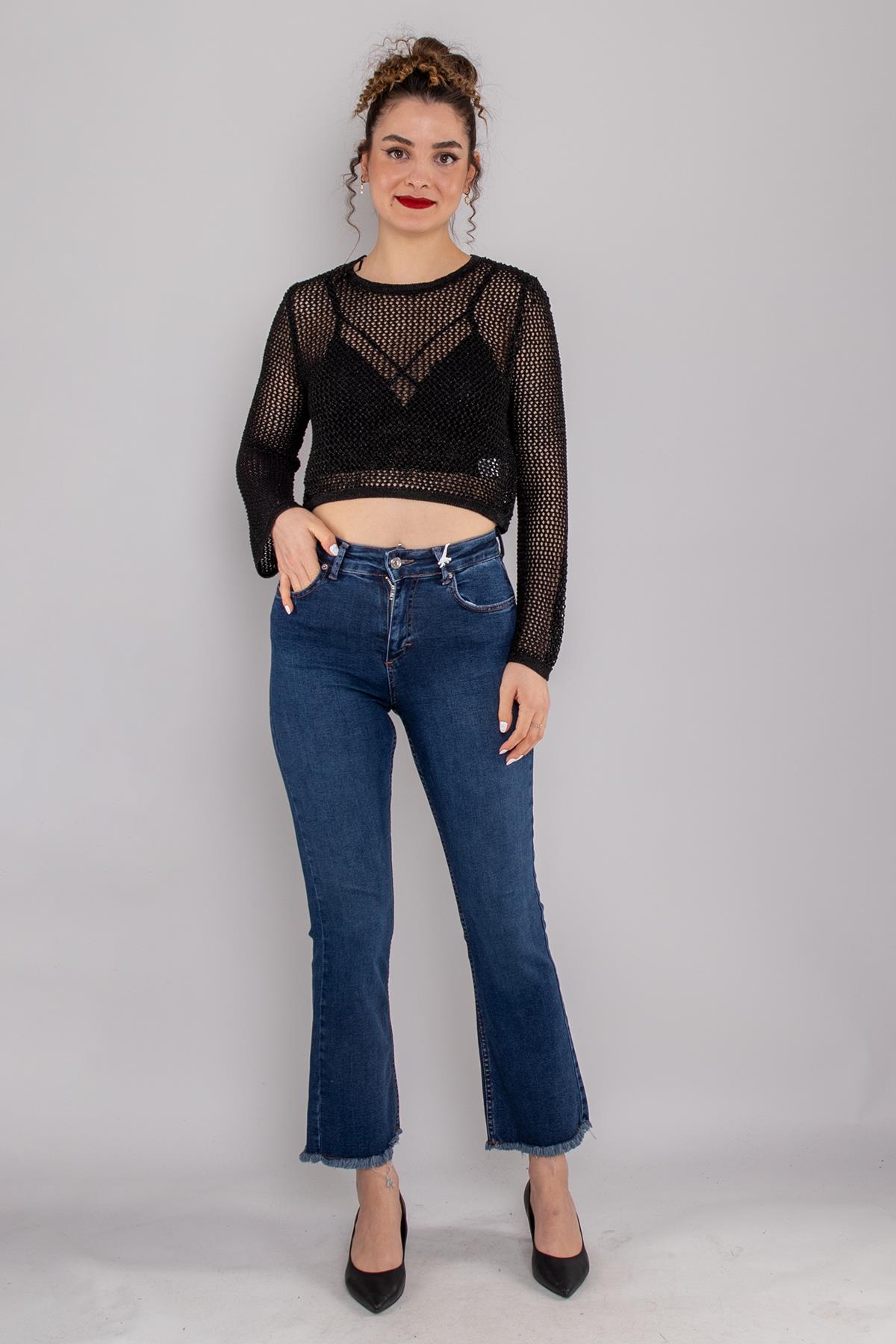 7403 Mini Flare Yüksek Bel Paça Püsküllü Pamuklu Pantolon