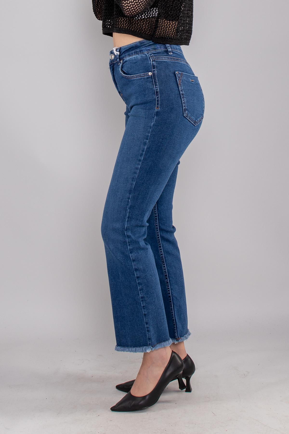 7403 Mini Flare Yüksek Bel Paça Püsküllü Pamuklu Pantolon