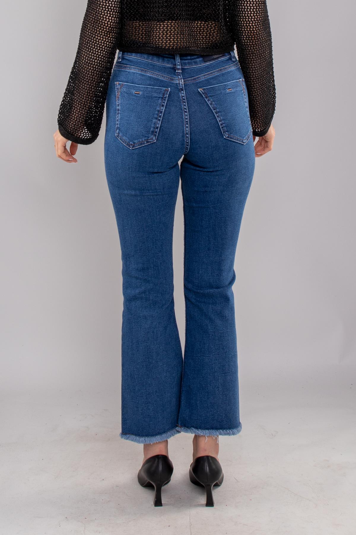 7403 Mini Flare Yüksek Bel Paça Püsküllü Pamuklu Pantolon