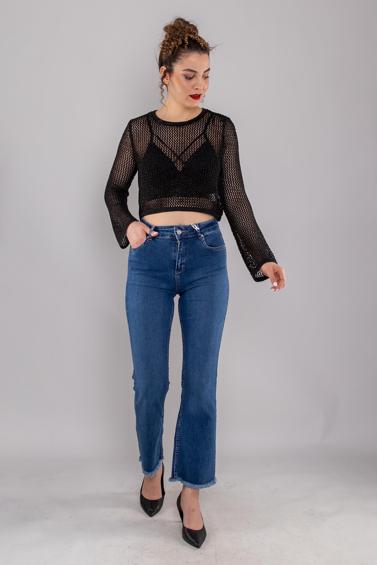 7403 Mini Flare Yüksek Bel Paça Püsküllü Pamuklu Pantolon