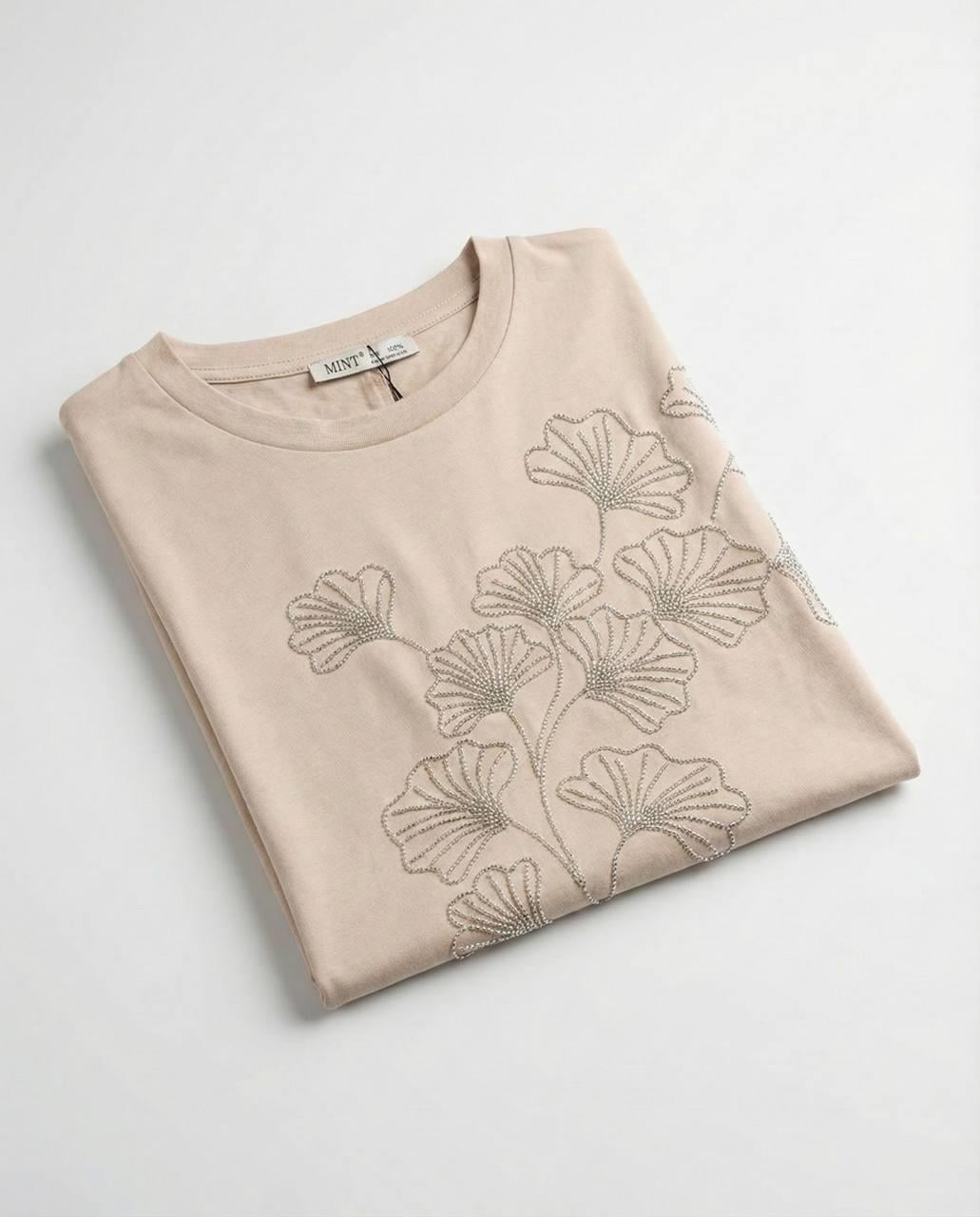 7437 Vyaka Taşlı Yelpaze Çiçek Nakışlı Kısa Kol Tshirt