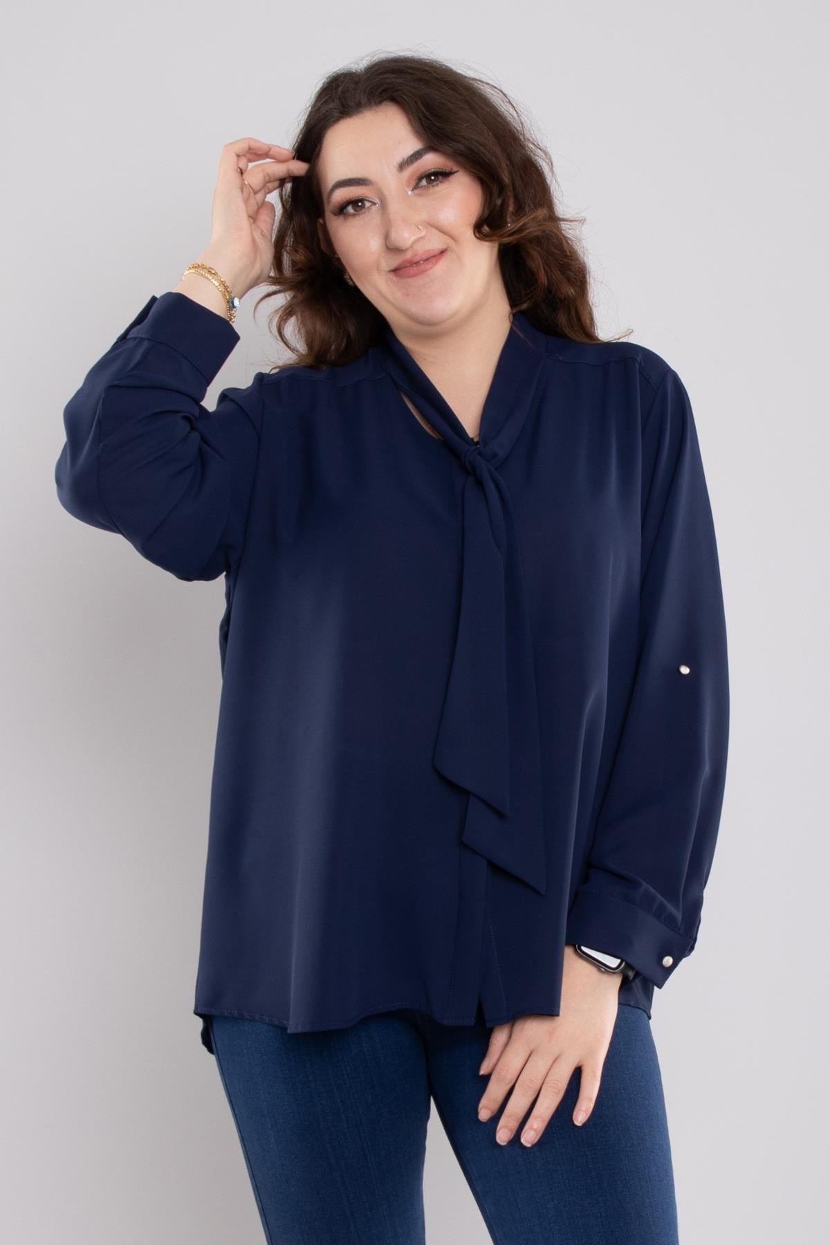 7465 Battal Yaka Fularlı Gizli Düğmeli Floş Gömlek