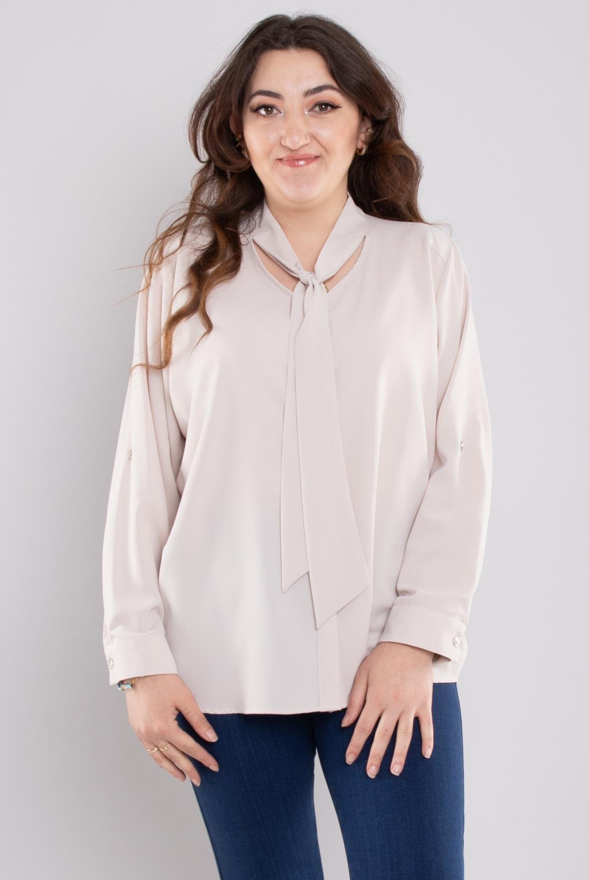 7465 Battal Yaka Fularlı Gizli Düğmeli Floş Gömlek