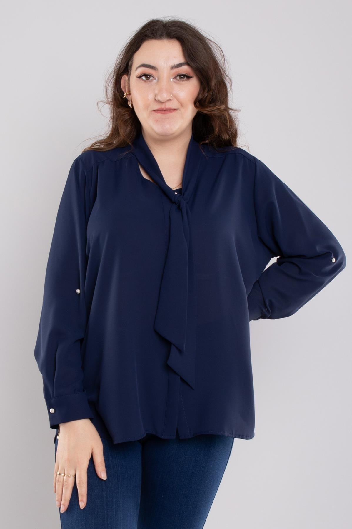 7465 Battal Yaka Fularlı Gizli Düğmeli Floş Gömlek