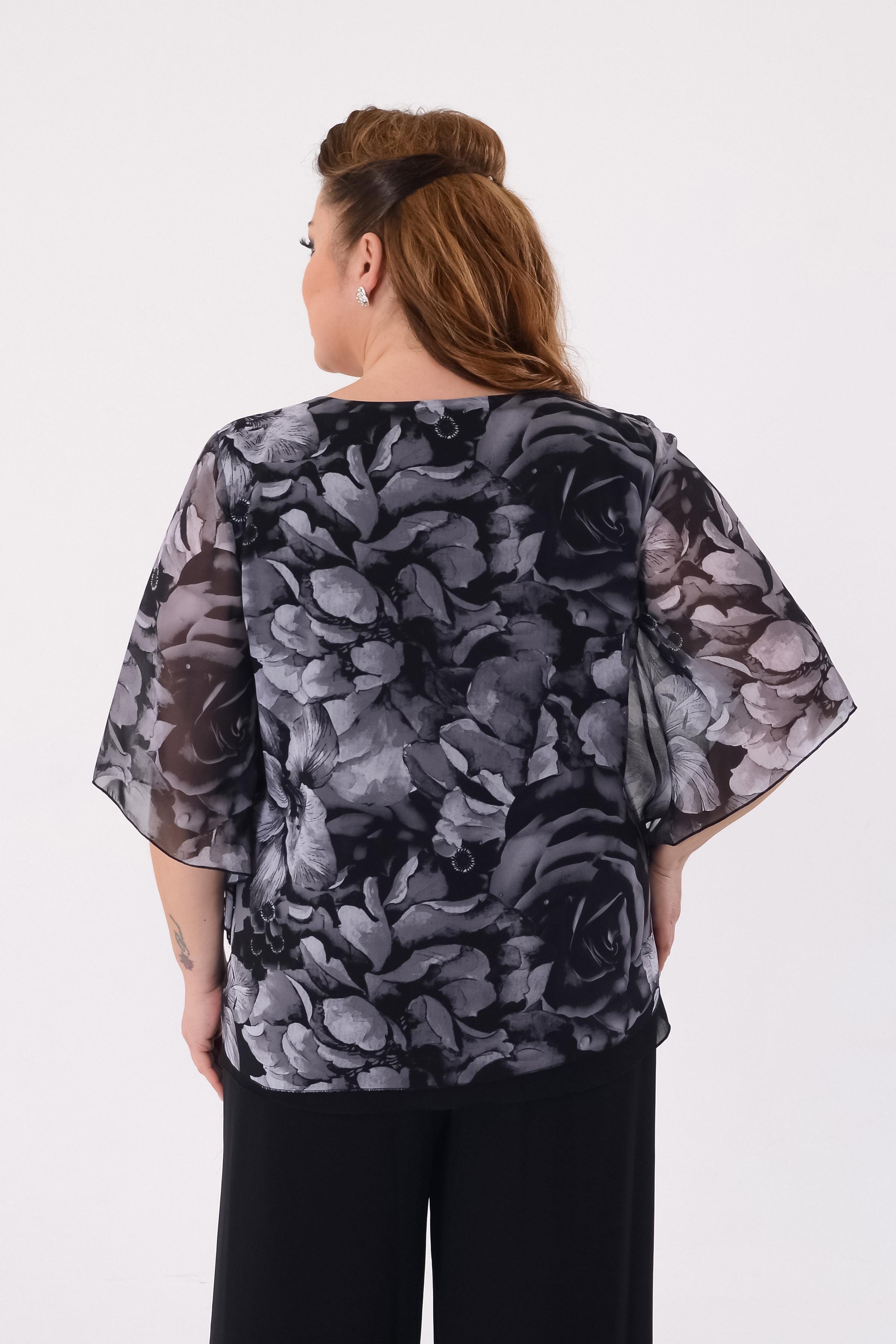 758 Vyaka Broşlu Gül Desen Şifon Bluz