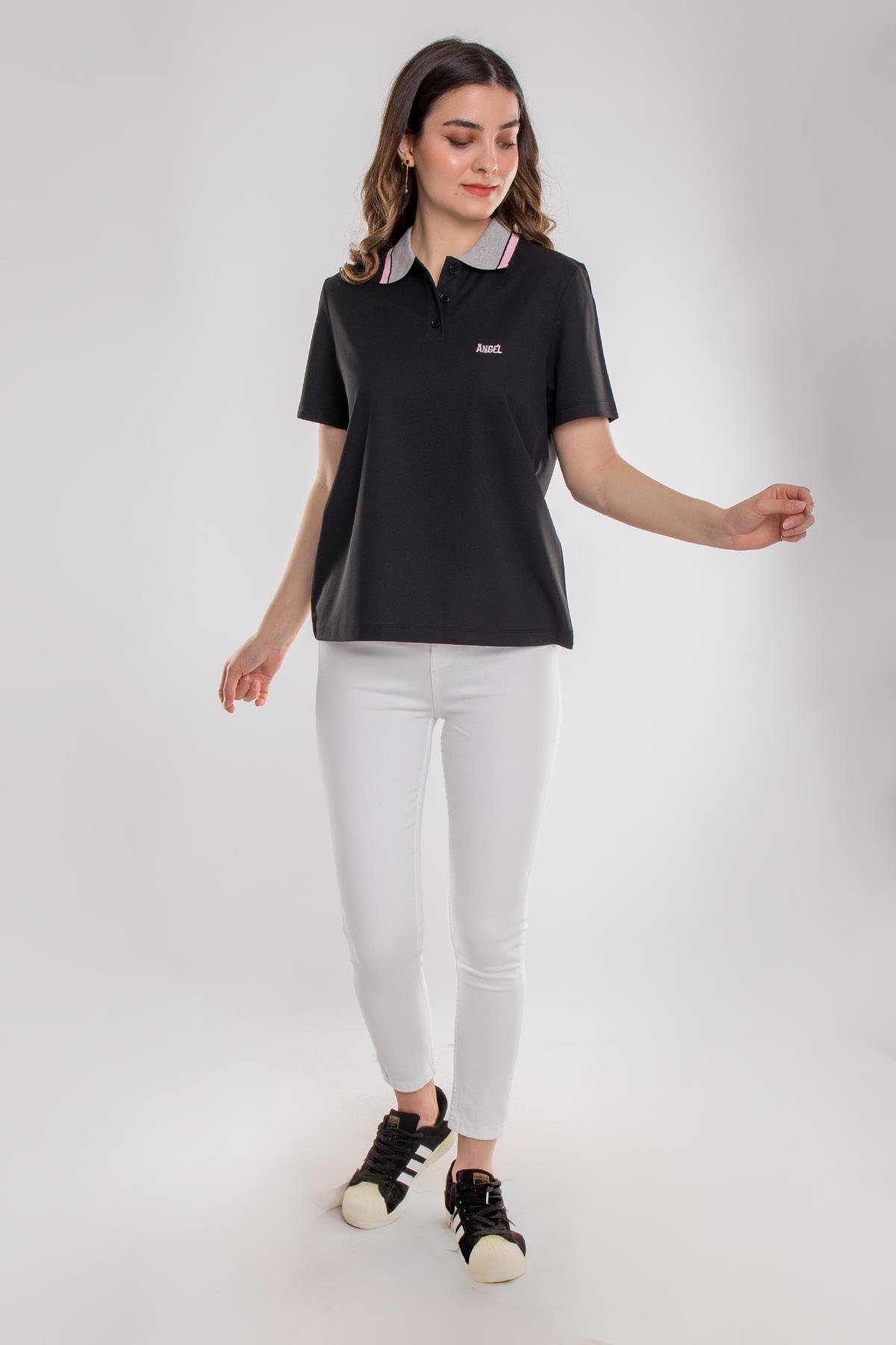 75815 Polo Yaka Düğmeli Kısa Kollu Pamuk Kadın Tshirt