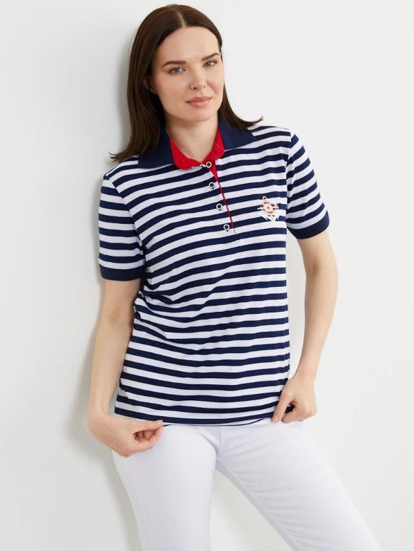 75862 Marine Polo Yaka Çizgili Pamuk Kadın Tshirt