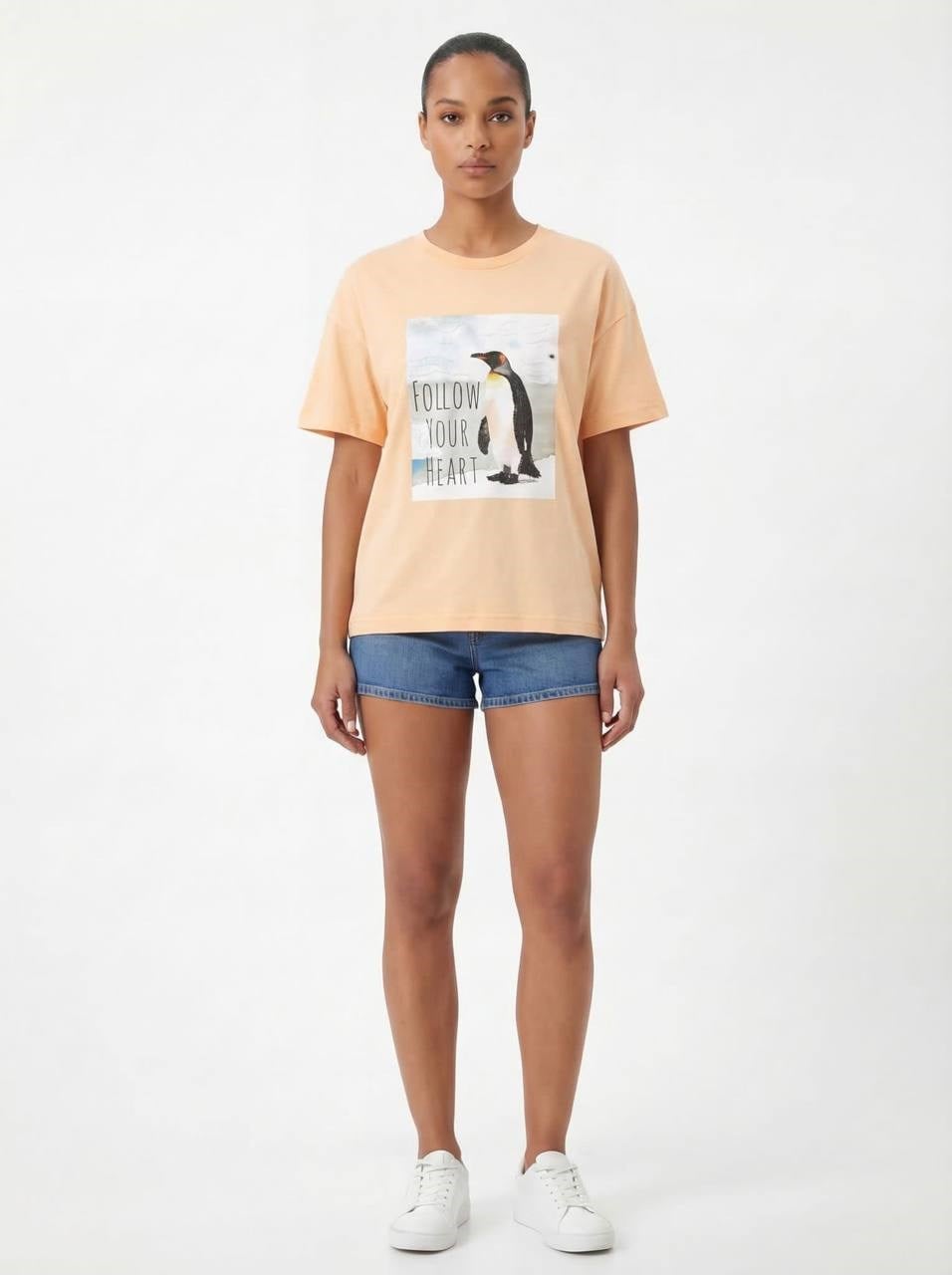 7594 Taşlı Penguen Baskılı Bisiklet Yaka Kısa Kol Tshirt