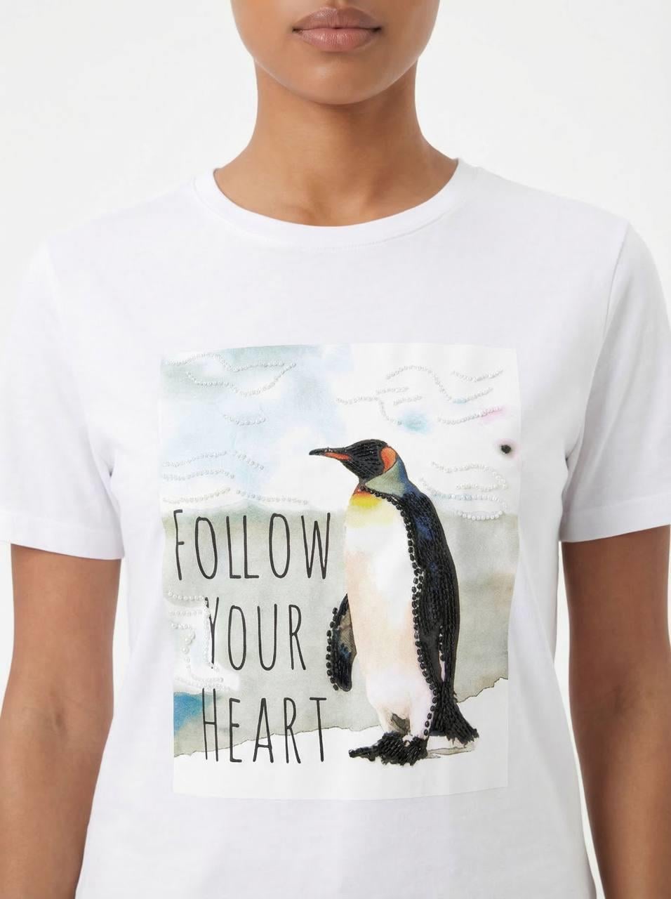 7594 Taşlı Penguen Baskılı Bisiklet Yaka Kısa Kol Tshirt