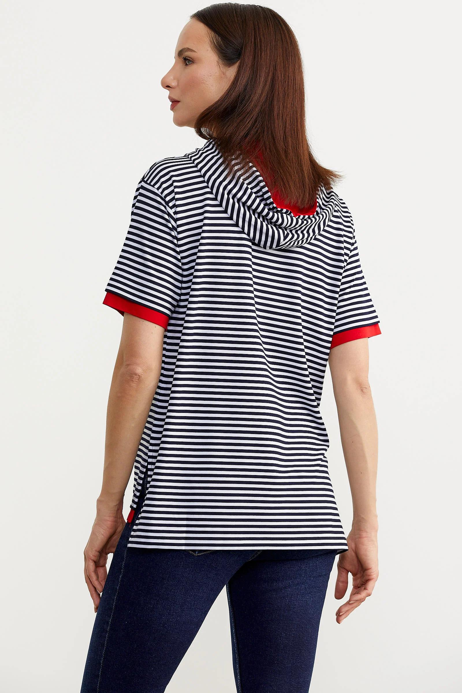 75953 Kapüşonlu Renk Kombinli Çizgili Tshirt