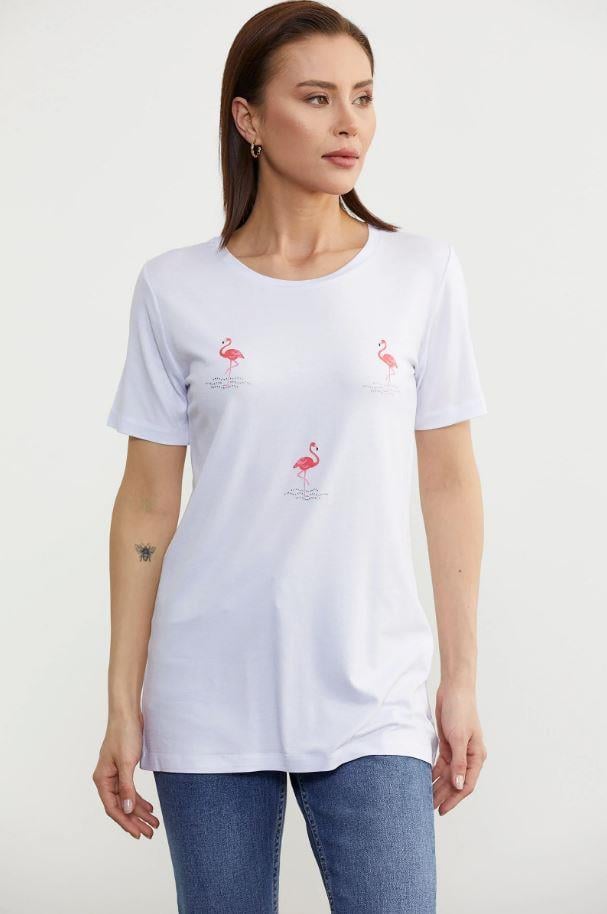 75959 Taş Detay Dökümlü Flamingo Baskı Kısa Kol Penye Tshirt