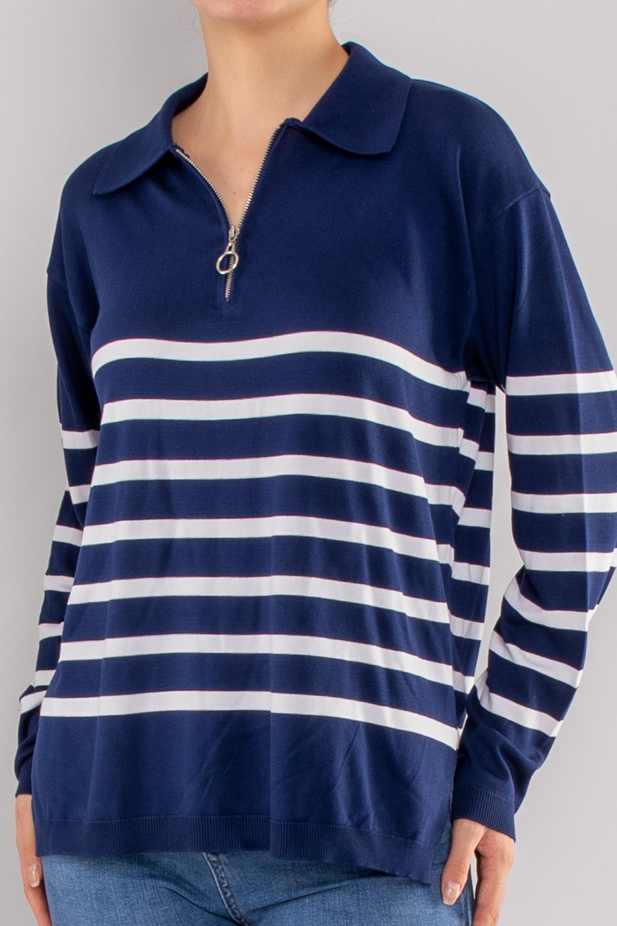 760 Polo Yaka Fermuar ve Çizgili Merserize Kadın Triko