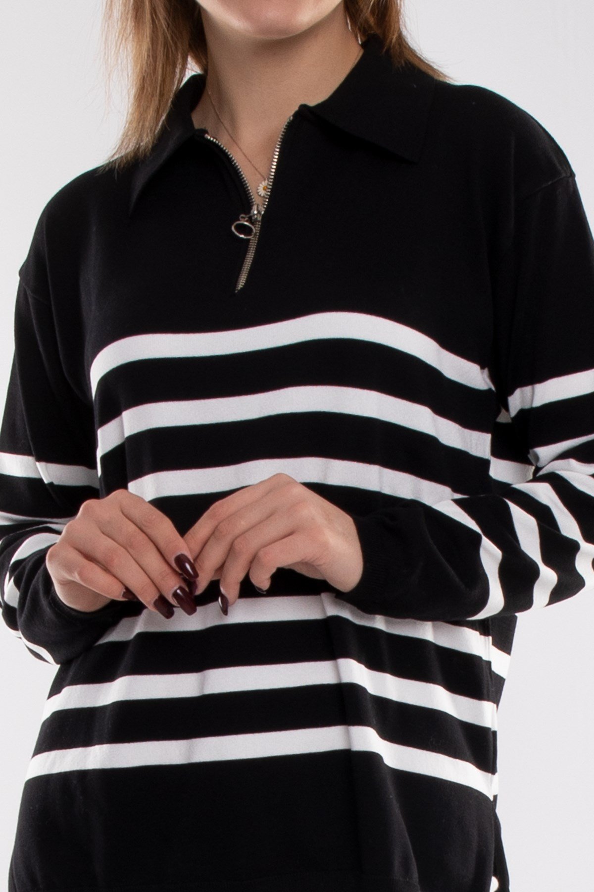 760 Polo Yaka Fermuar ve Çizgili Merserize Kadın Triko