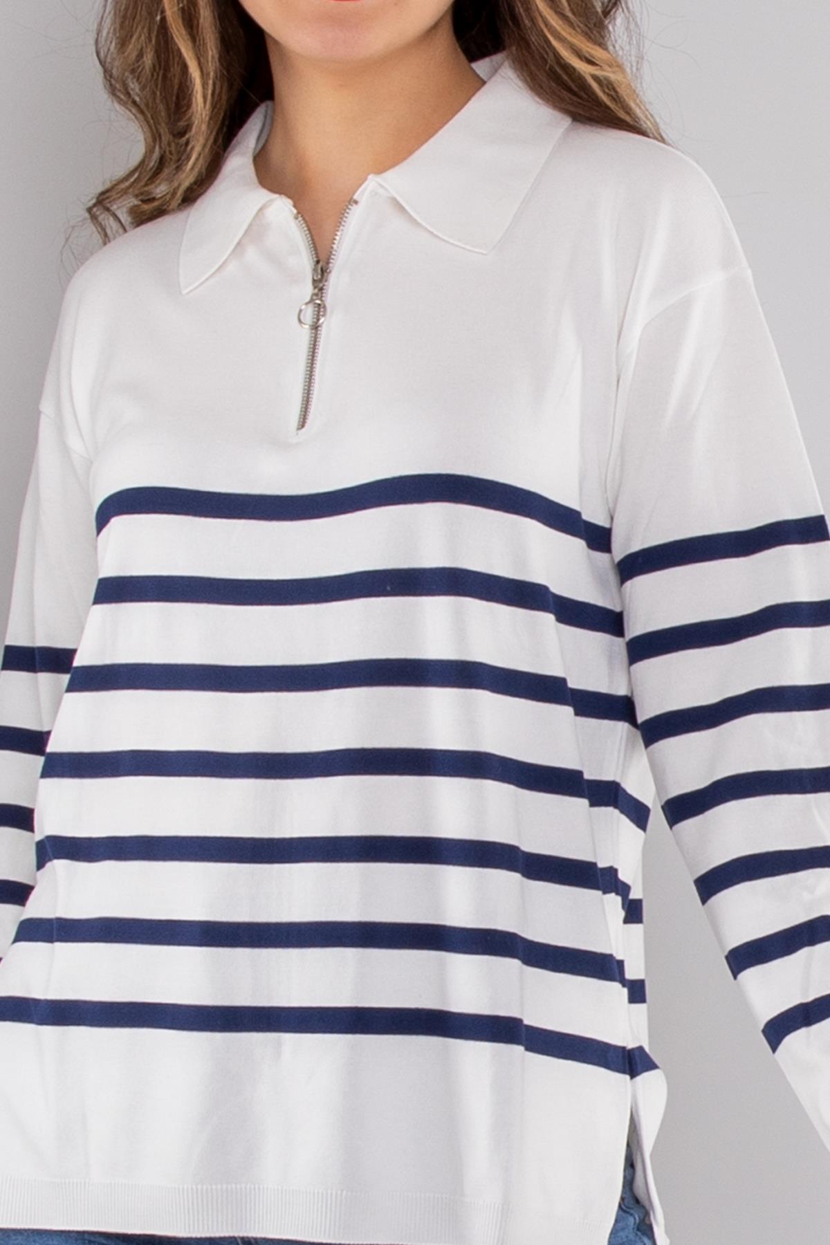 760 Polo Yaka Fermuar ve Çizgili Merserize Kadın Triko