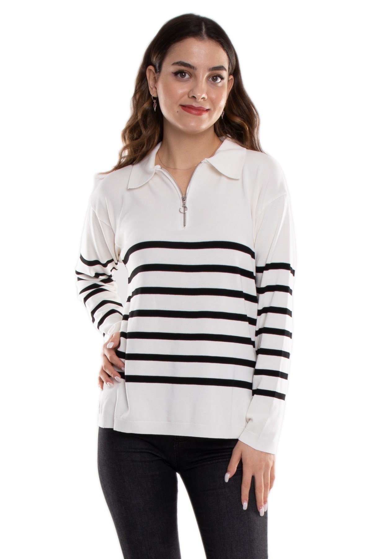 760 Polo Yaka Fermuar ve Çizgili Merserize Kadın Triko