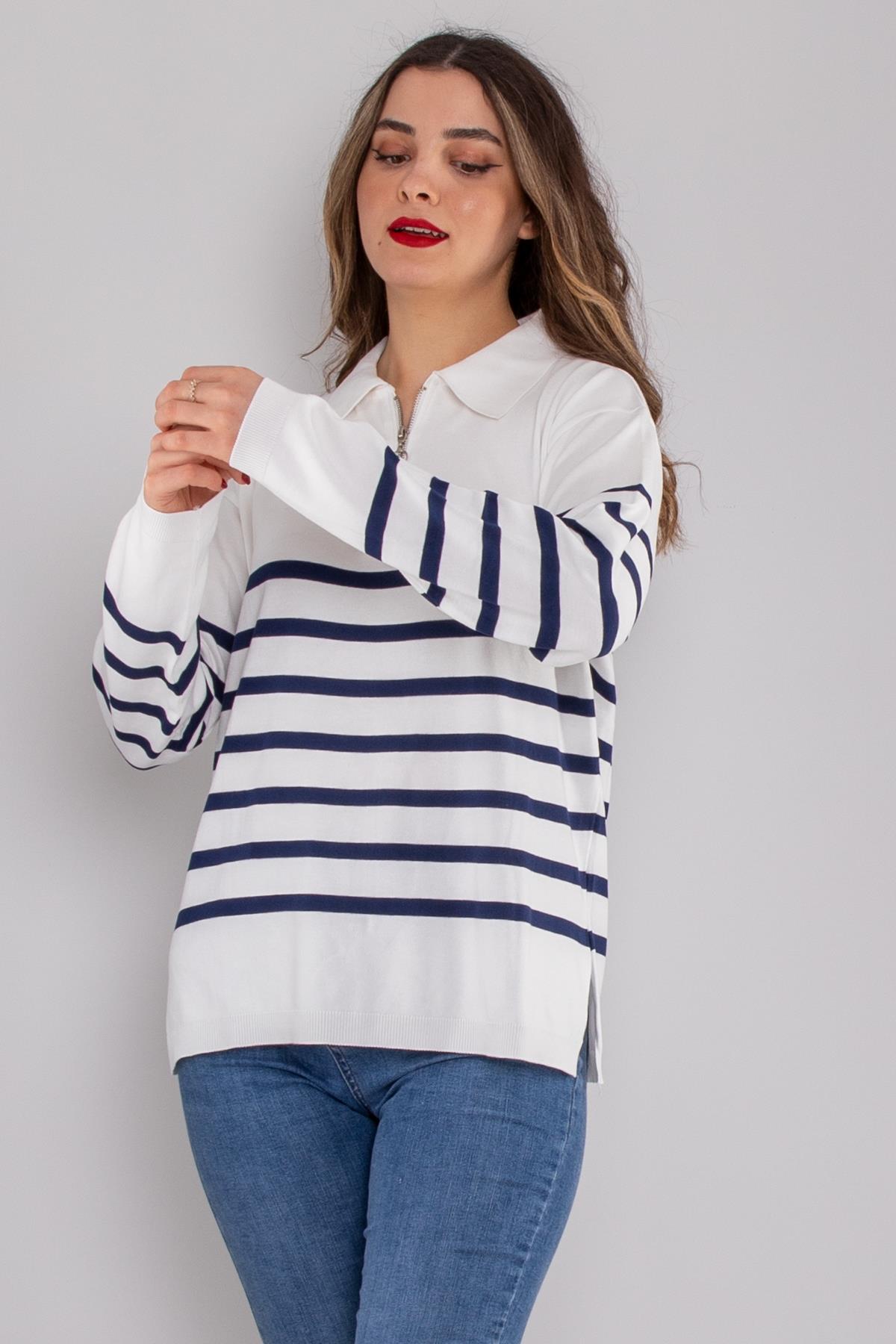 760 Polo Yaka Fermuar ve Çizgili Merserize Kadın Triko