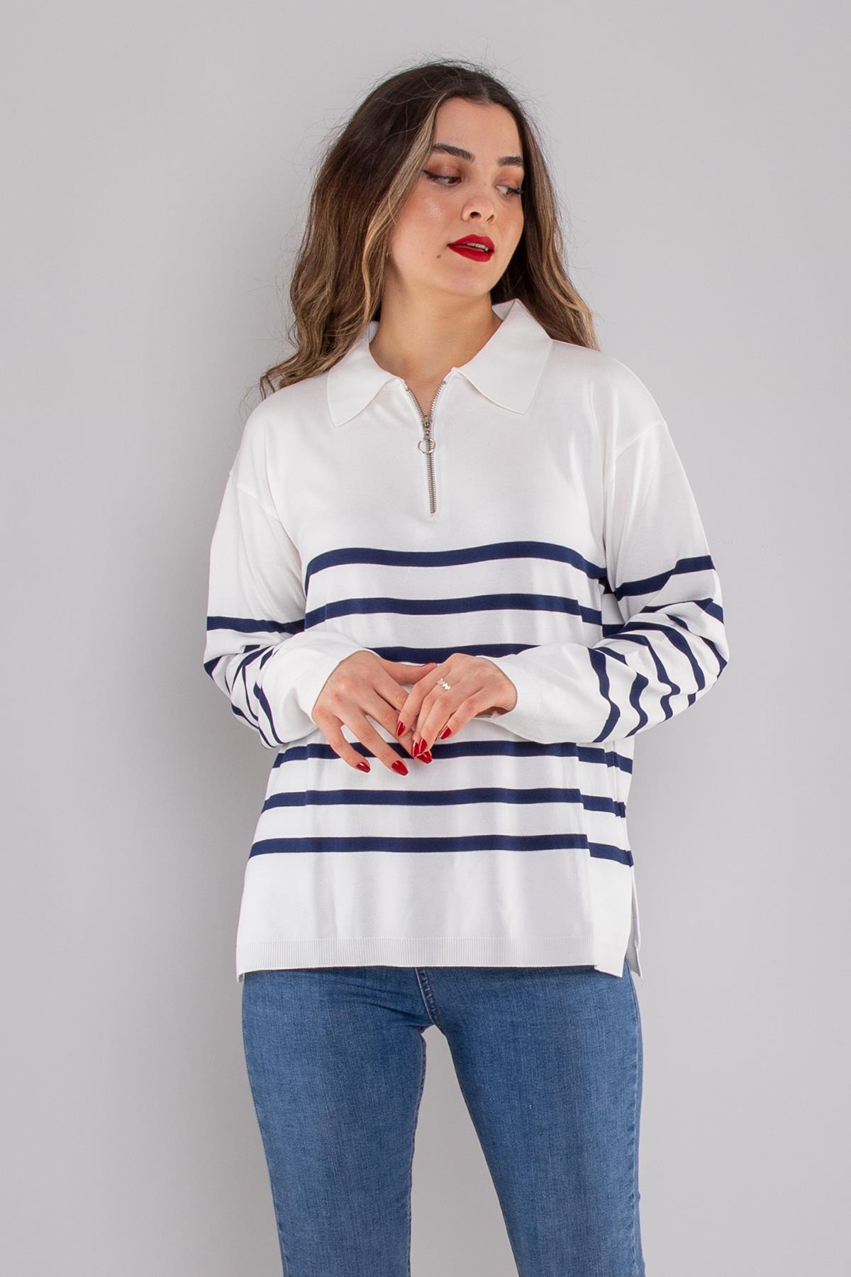 760 Polo Yaka Fermuar ve Çizgili Merserize Kadın Triko