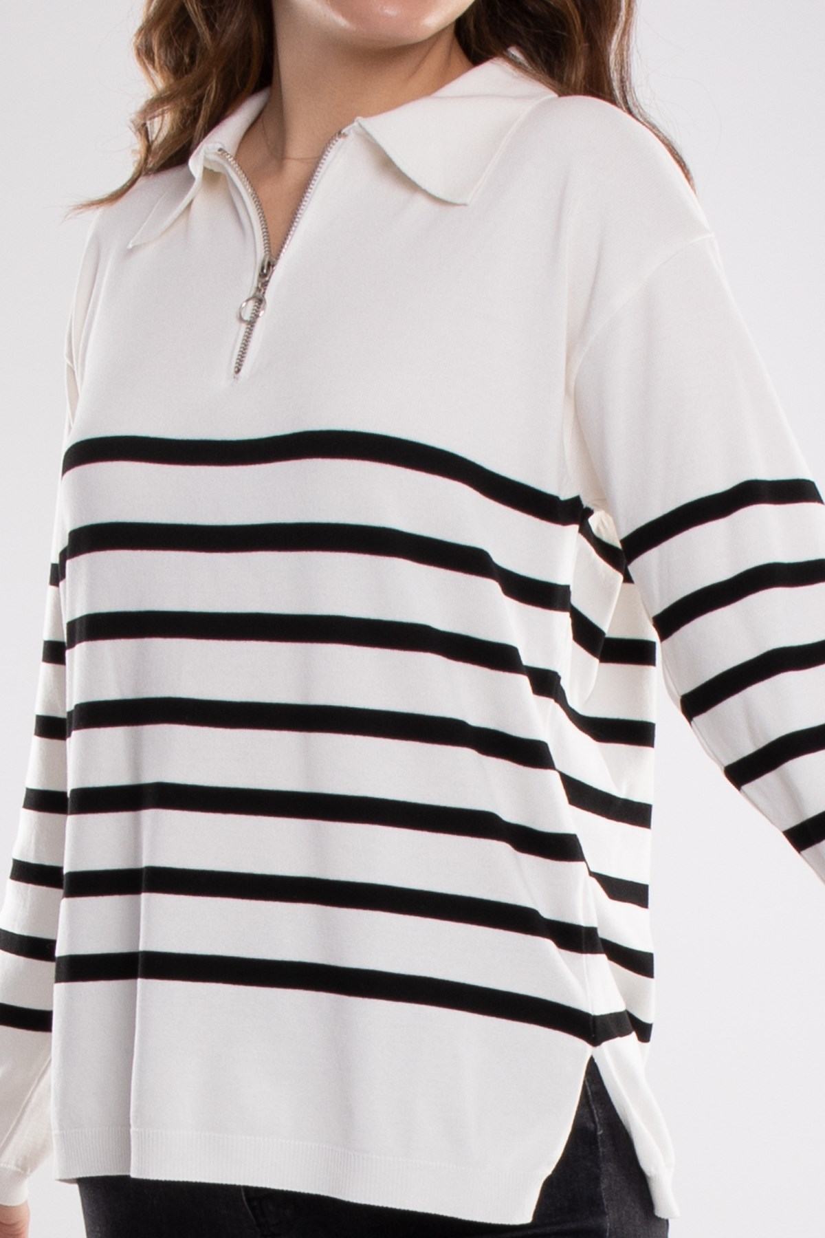 760 Polo Yaka Fermuar ve Çizgili Merserize Kadın Triko