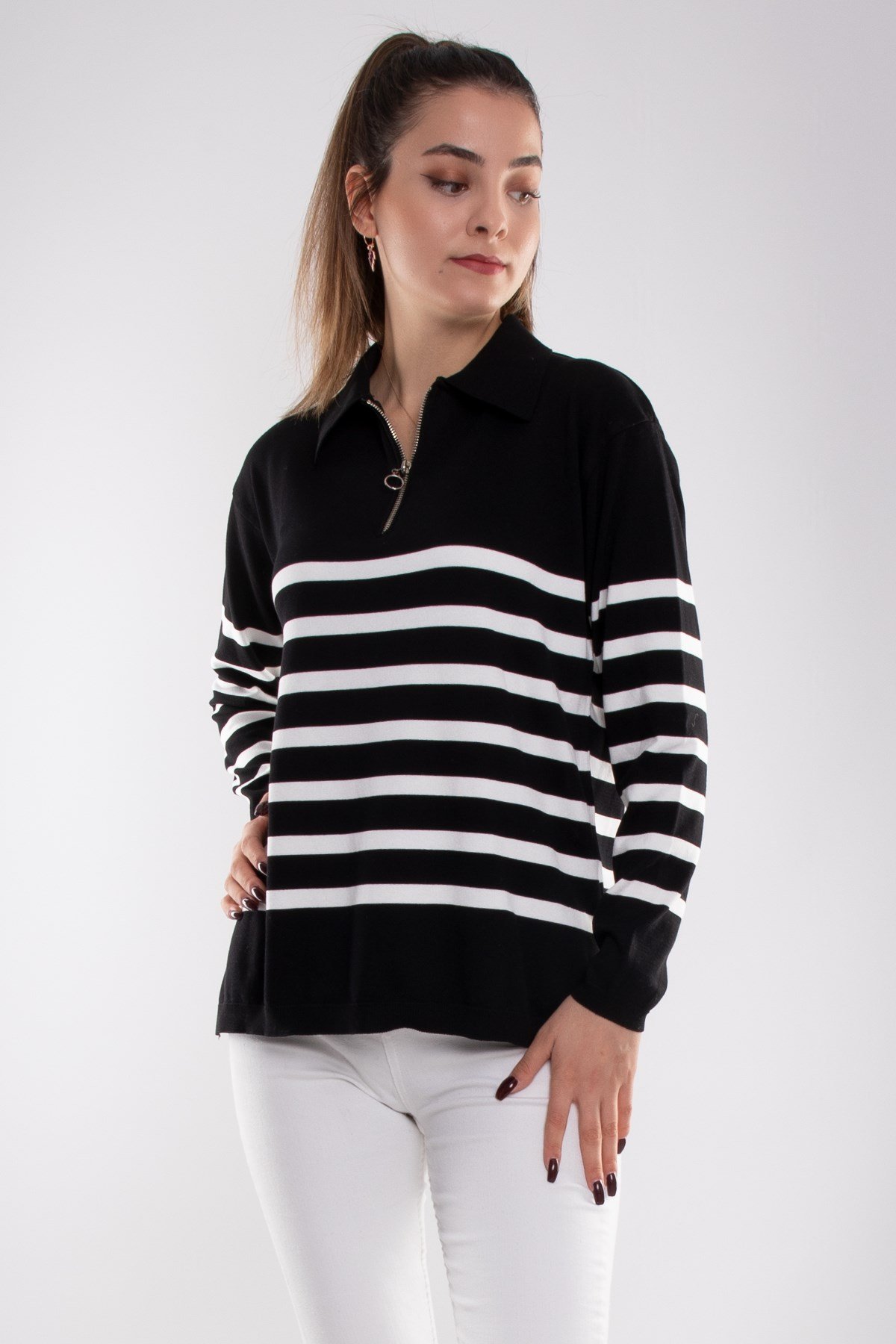 760 Polo Yaka Fermuar ve Çizgili Merserize Kadın Triko