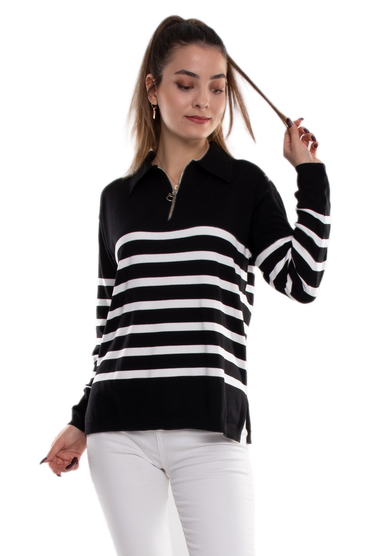 760 Polo Yaka Fermuar ve Çizgili Merserize Kadın Triko