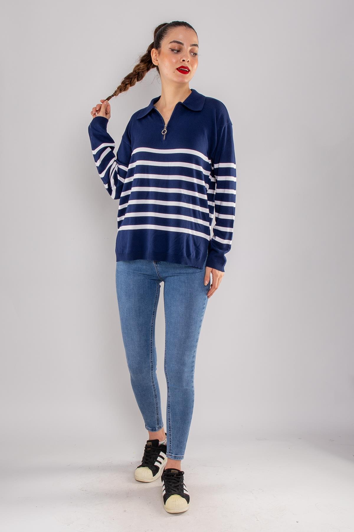 760 Polo Yaka Fermuar ve Çizgili Merserize Kadın Triko