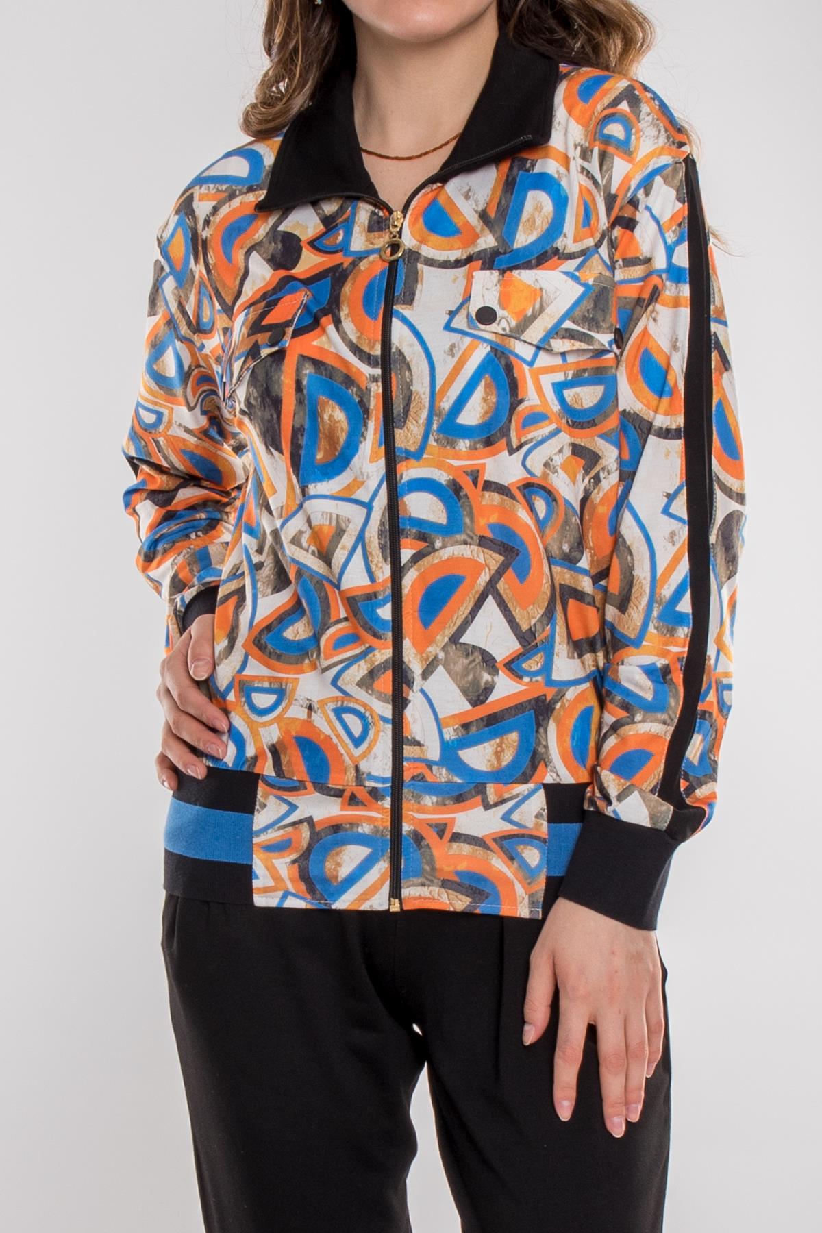 76165 Çok Renkli Desen Kombinli Cepli Pamuklu Kadın Eşofman Takımı