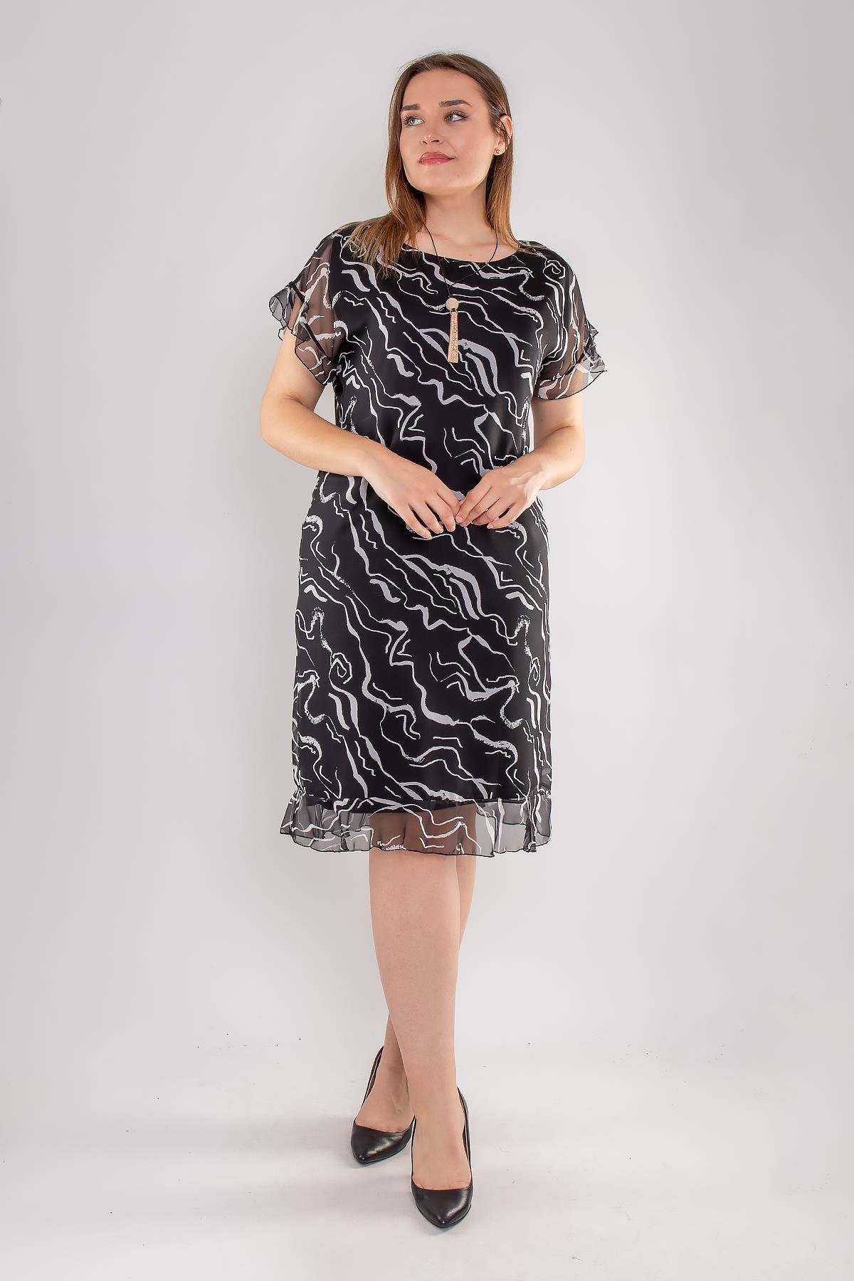 7625 Büyük Beden SuDalgası Desen Astarlı Kısa Şifon Elbise