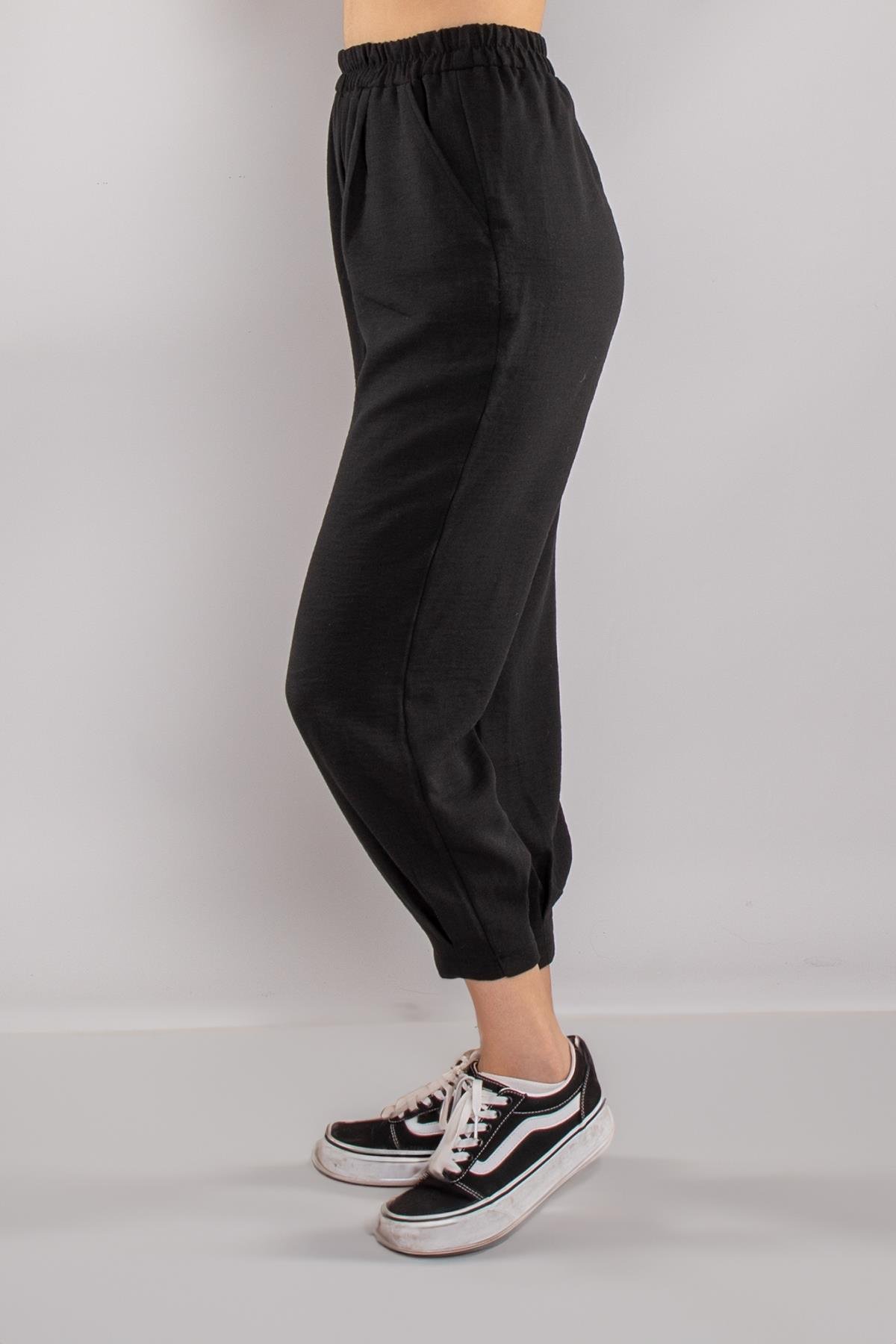 7635 Beli Lastikli Paça Pensli Viscon Şalvar Pantolon