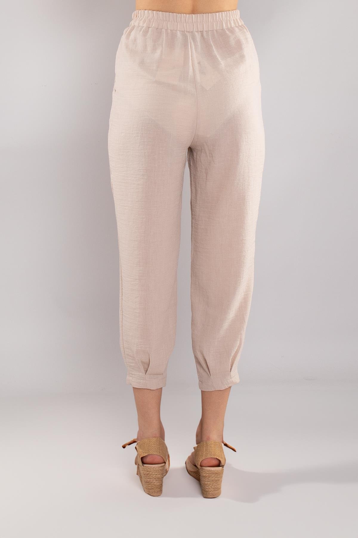 7635 Beli Lastikli Paça Pensli Viscon Şalvar Pantolon