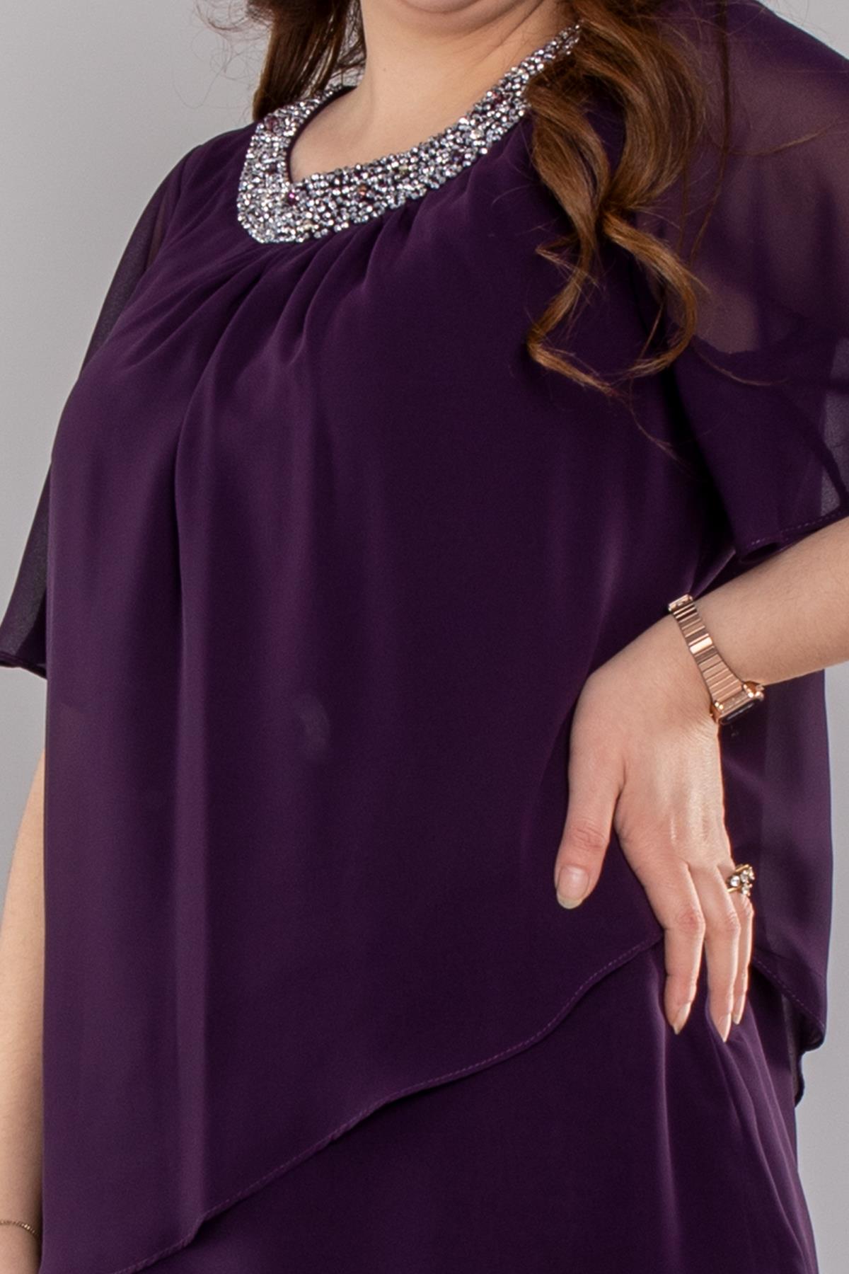 7638 Büyük Beden Yaka Taş Boncuklu Katlı Şifon Kısa Elbise