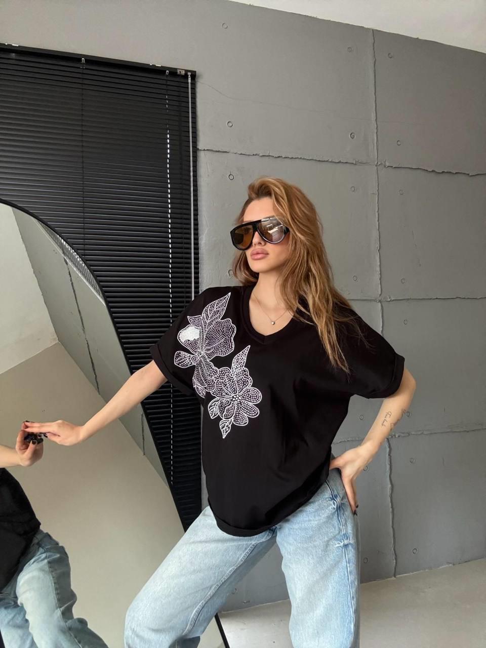 7668 Vyaka Taş Baskılı Yaprak Nakışlı Kısa Kol Tshirt